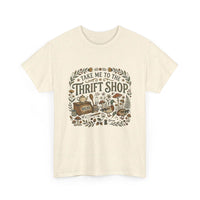 Vintage thrift shop t-shirt with botanical and mushroom illustration, cottagecore design, and hand-lettered text.