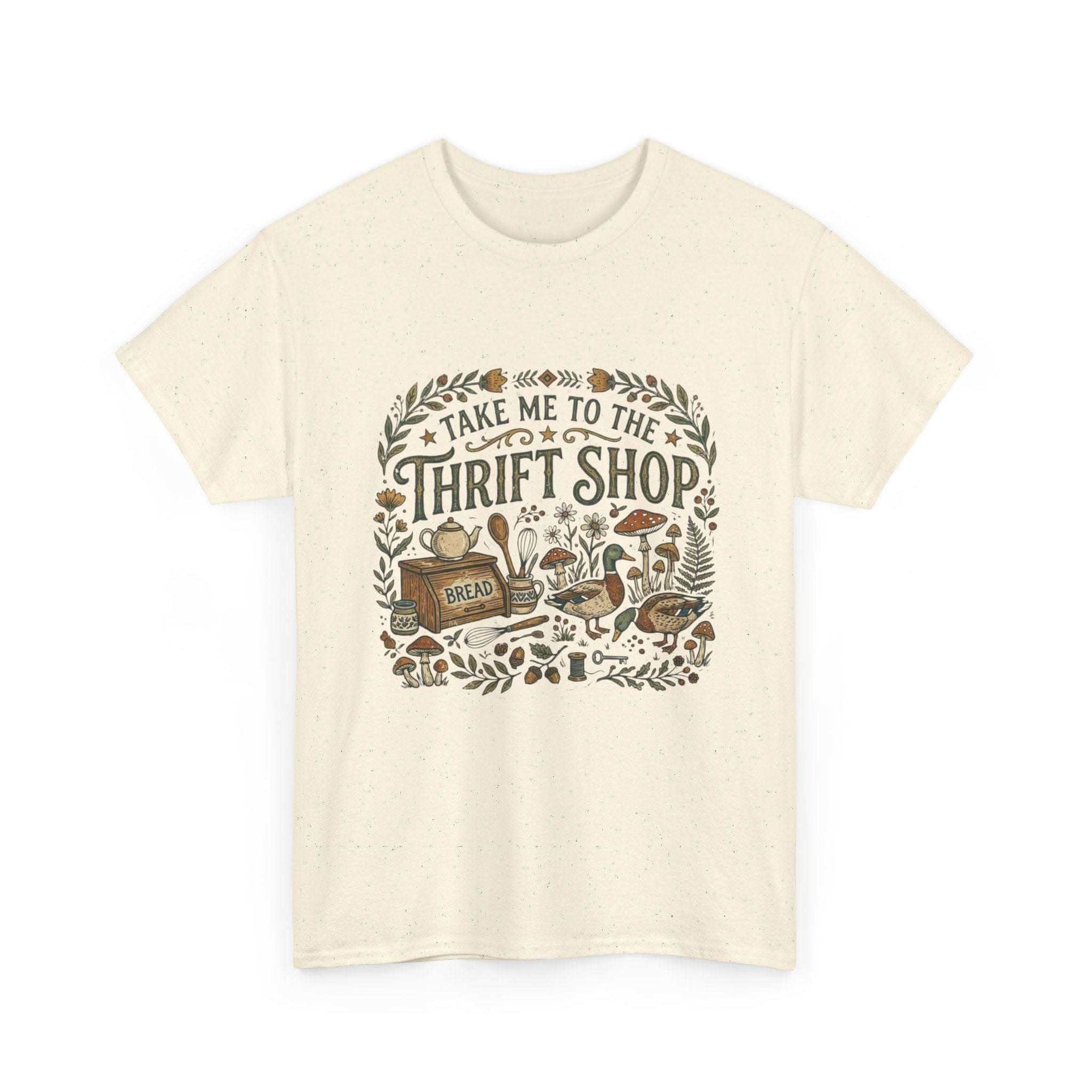 Vintage thrift shop t-shirt with botanical and mushroom illustration, cottagecore design, and hand-lettered text.