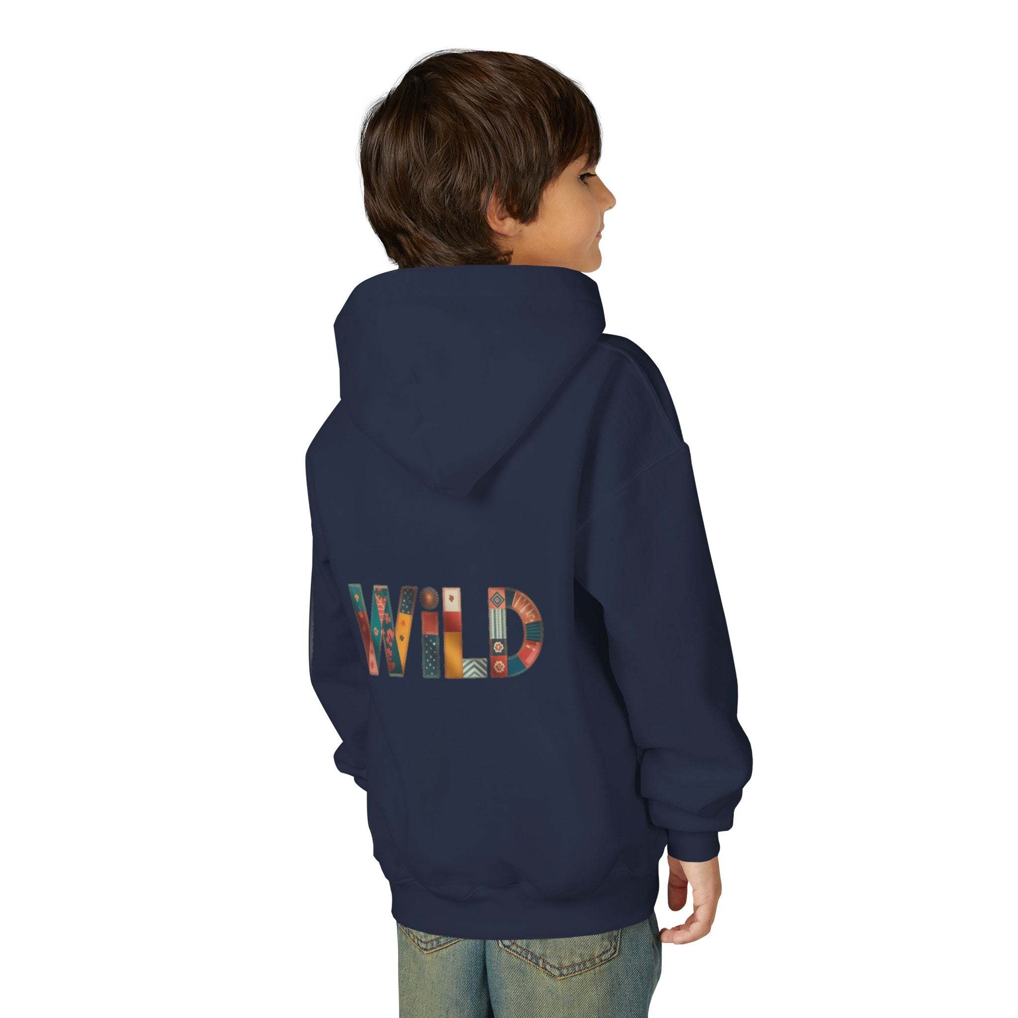 Child wearing navy Patchwork Wild Word Hoodie with colorful "WILD" patchwork design on back and kangaroo pocket