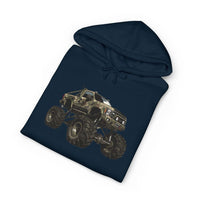 American Flag Monster Truck hoodie with camouflage truck graphic and distressed flag design