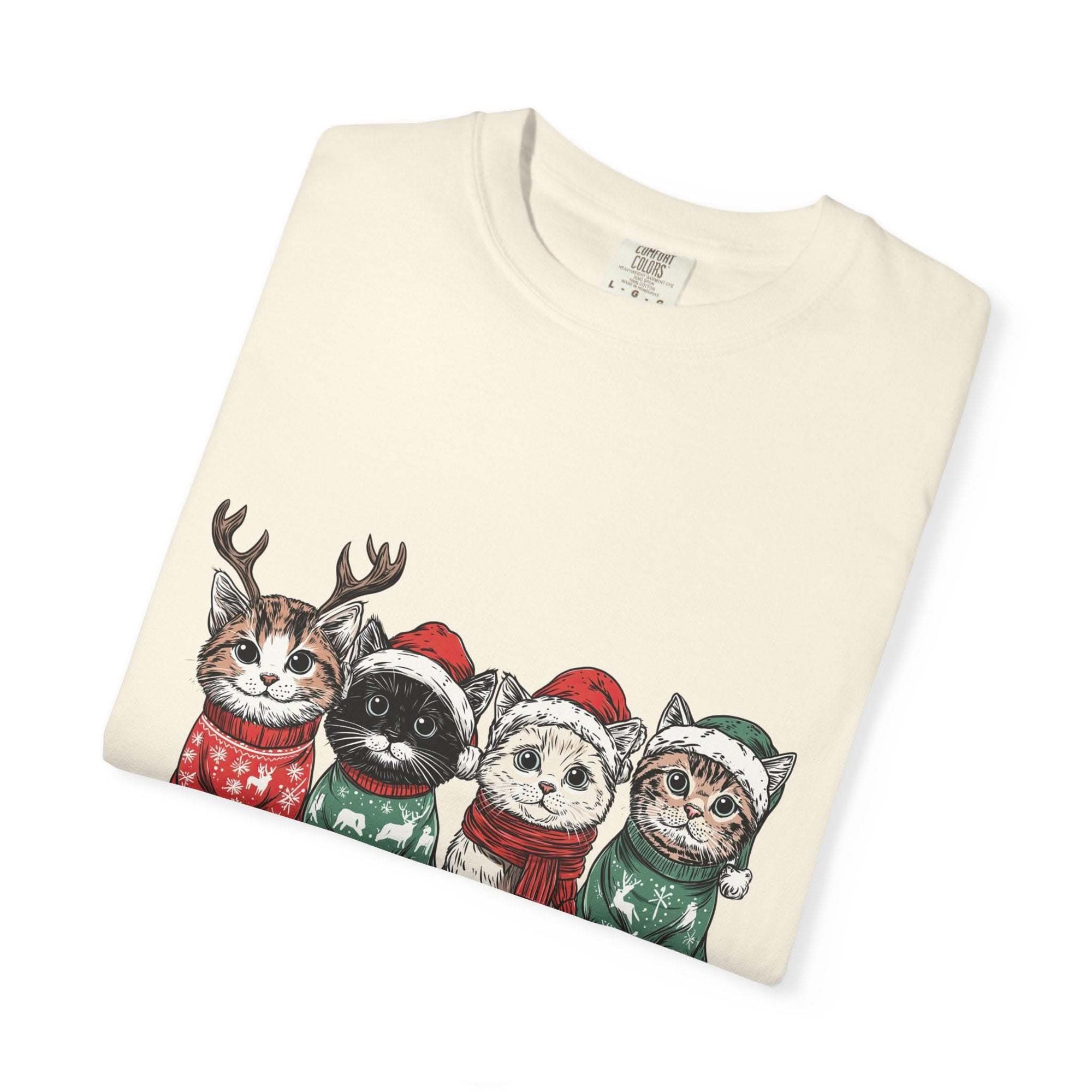 Bay Cat Lover T-shirt with Meowy Christmas design from Printify, perfect festive gift for cat enthusiasts.