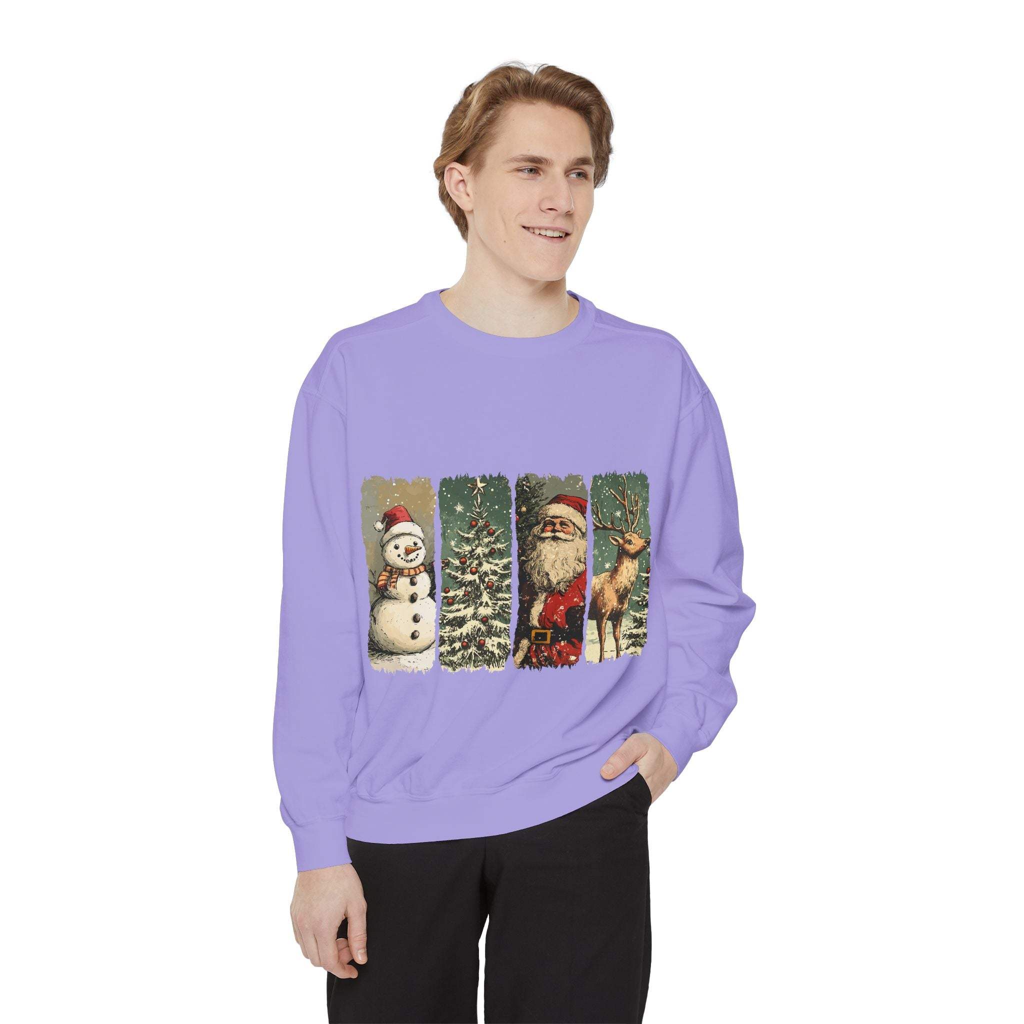 Vintage Christmas sweatshirt with watercolor holiday swatches featuring snowman, tree, Santa, and reindeer designs on a lavender fabric.
