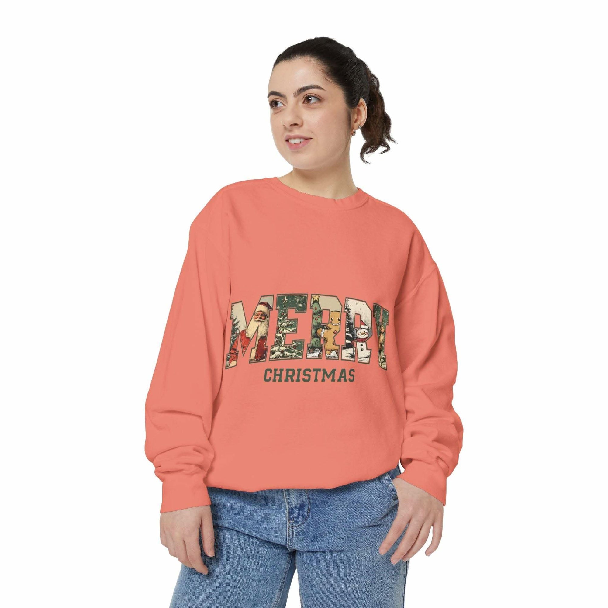 woman wearing vintage varsity merry christmas coral sweatshirt with festive print