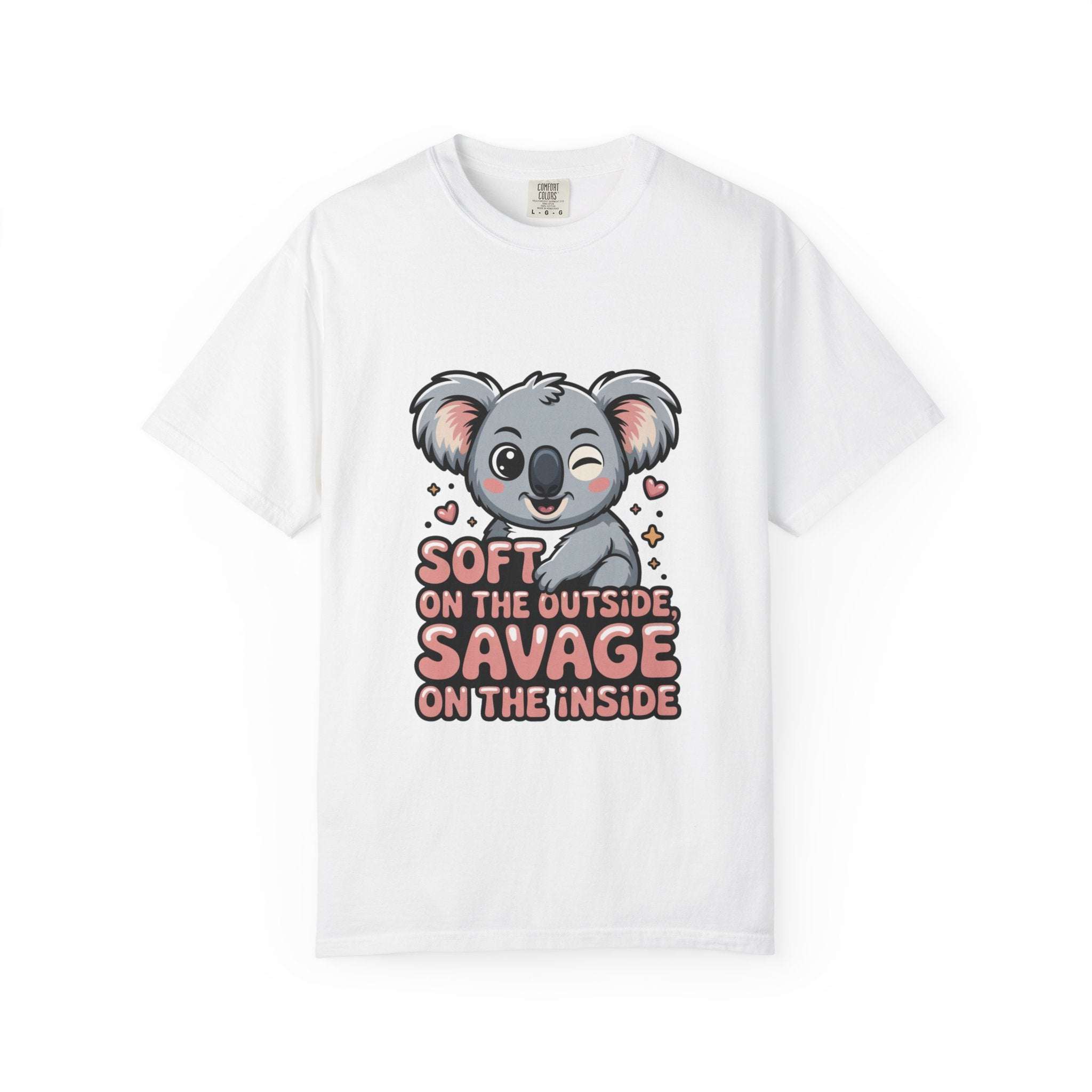 White t-shirt with playful koala graphic and "Soft on the Outside, Savage on the Inside" text design