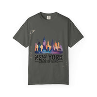 Garment-dyed red t-shirt featuring 'New York State of Mind' design by Printify, casual and comfortable fit