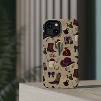 Cowboy Christmas design phone case for iPhone 17 in glossy finish by Printify, featuring festive colors and patterns.