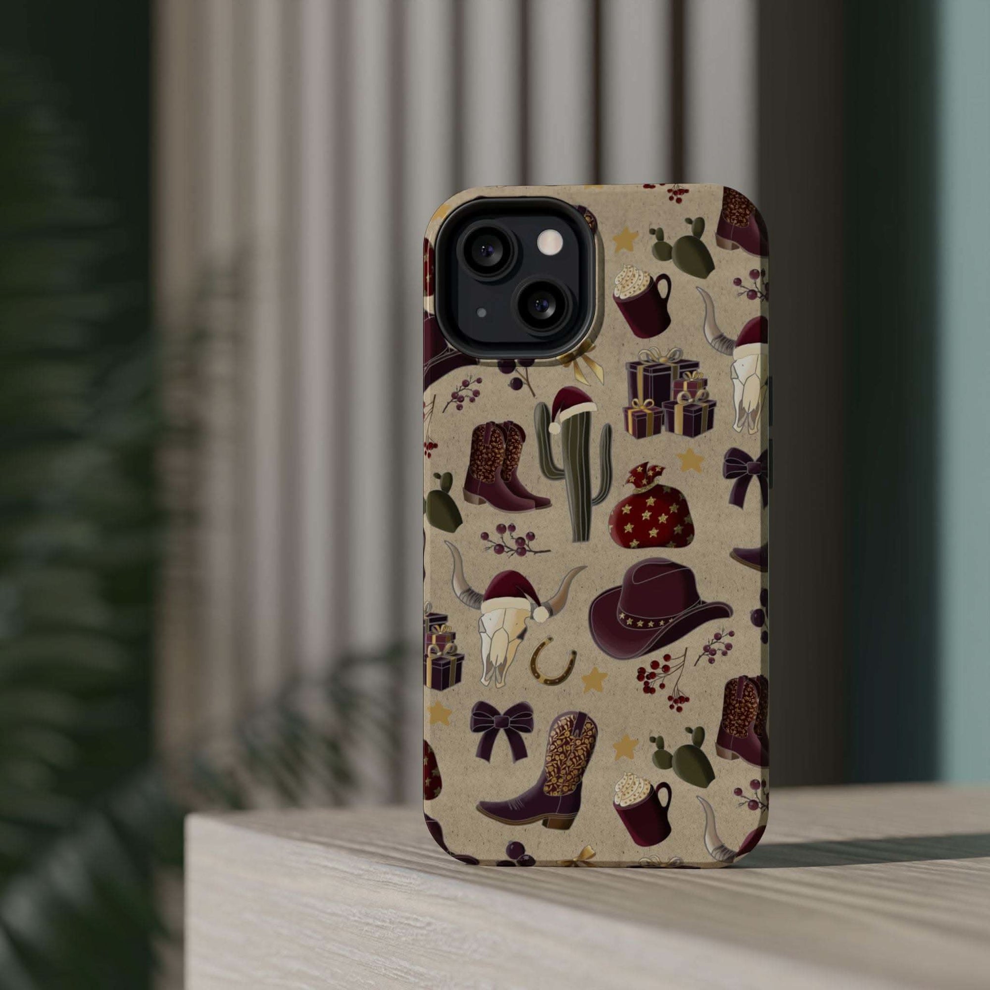 Cowboy Christmas design phone case for iPhone 17 in glossy finish by Printify, featuring festive colors and patterns.
