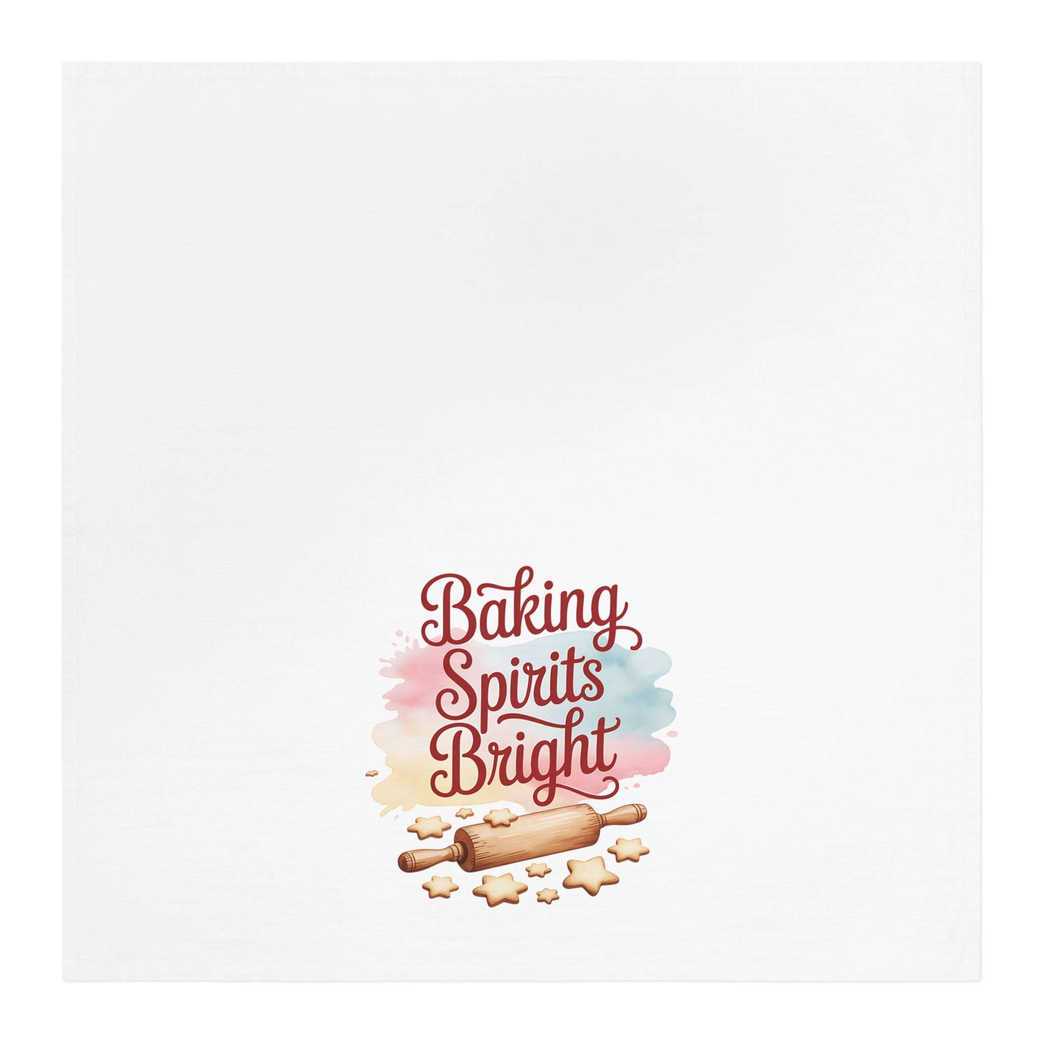 Kitchen towel with festive "Baking Spirits Bright" design, 100% cotton, absorbent and durable for holiday baking.