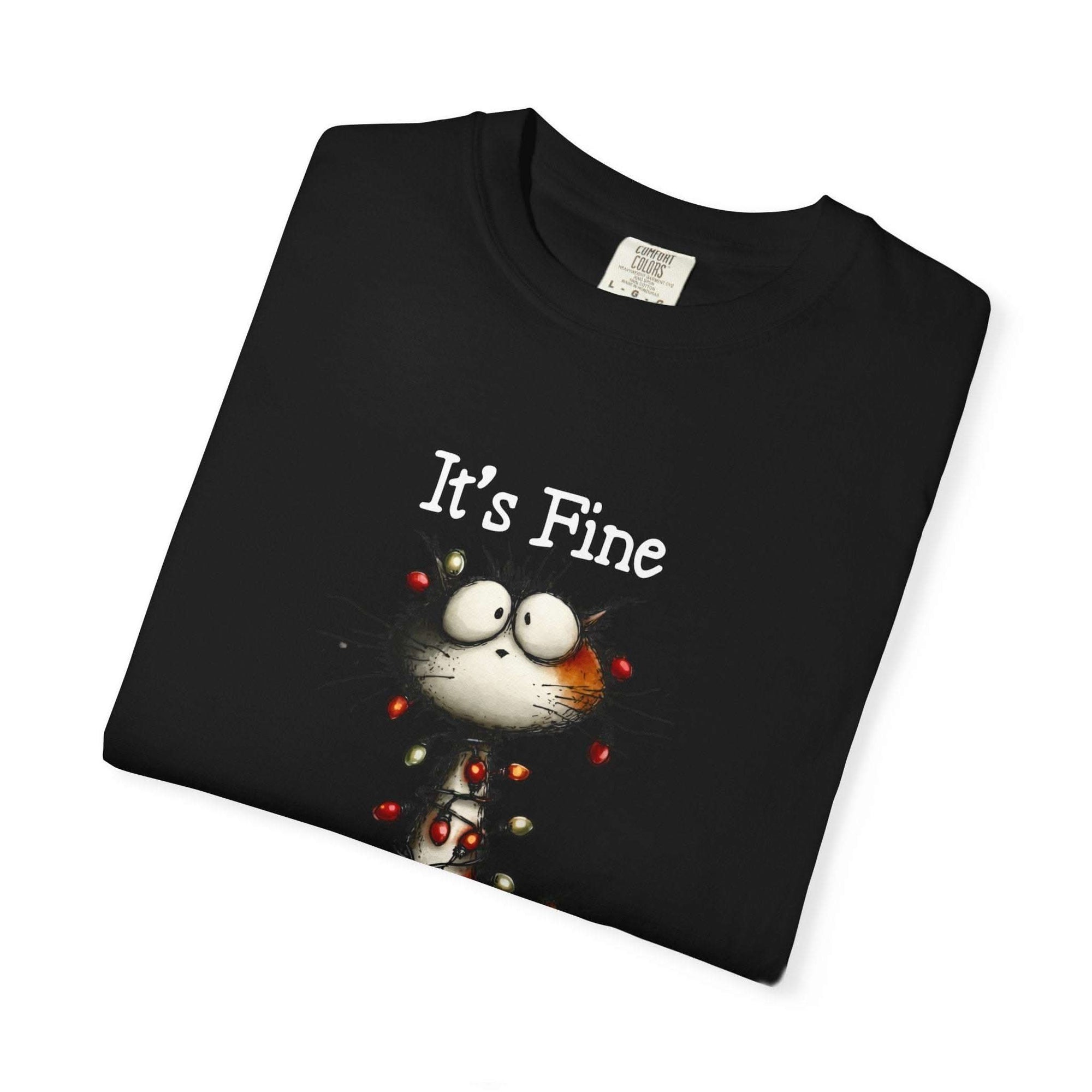 Black cat t-shirt with "It's Fine, I'm Fine, Everything's Fine" text and small cat illustration