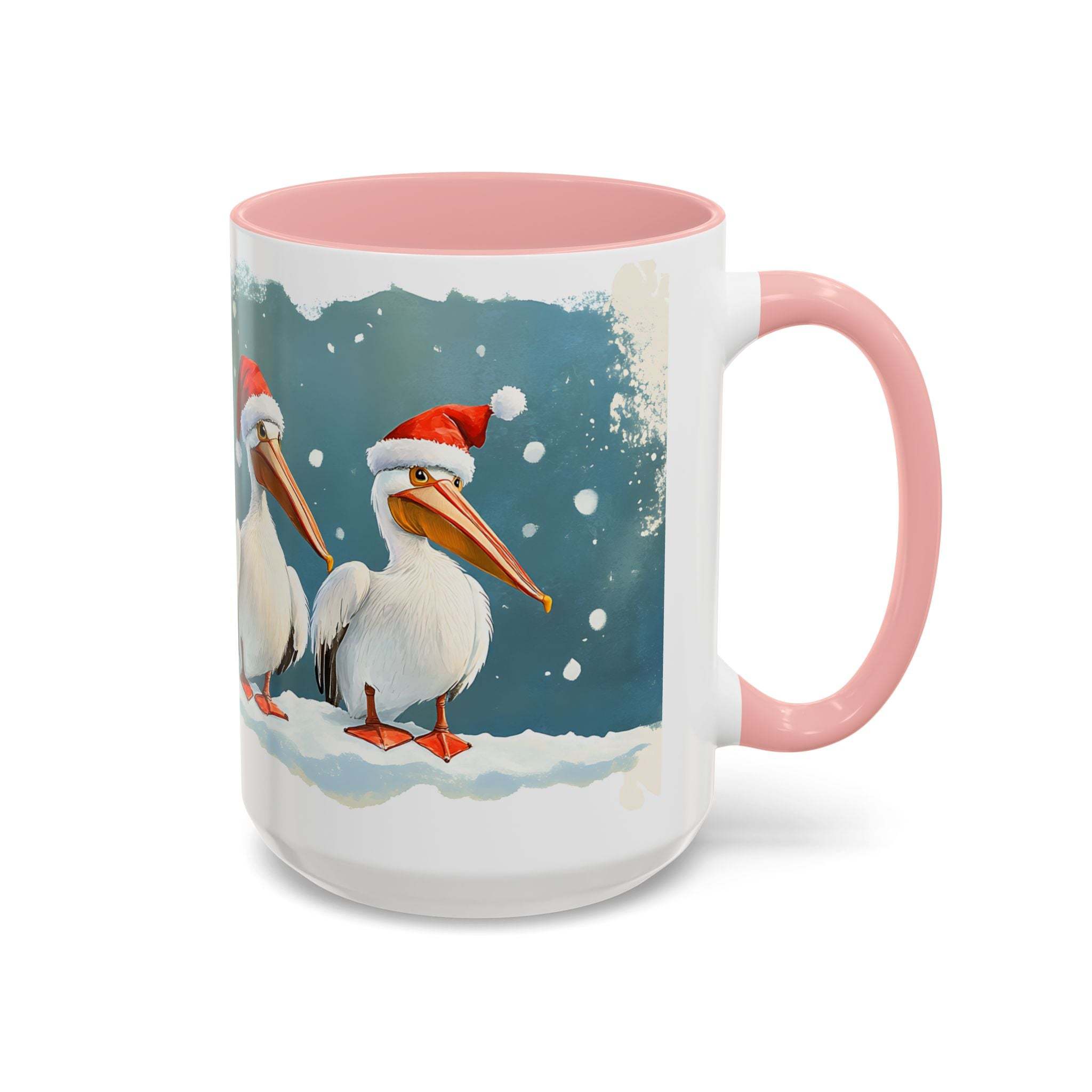 Mug with Christmas design featuring two pelicans wearing Santa hats on a snowy background.