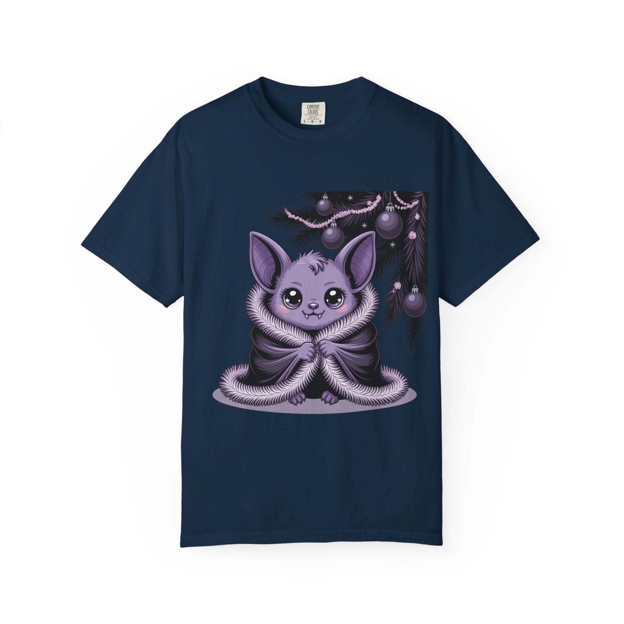Navy Gothmas Bat T-Shirt with cute purple bat graphic and festive gothic holiday design on soft cotton tee