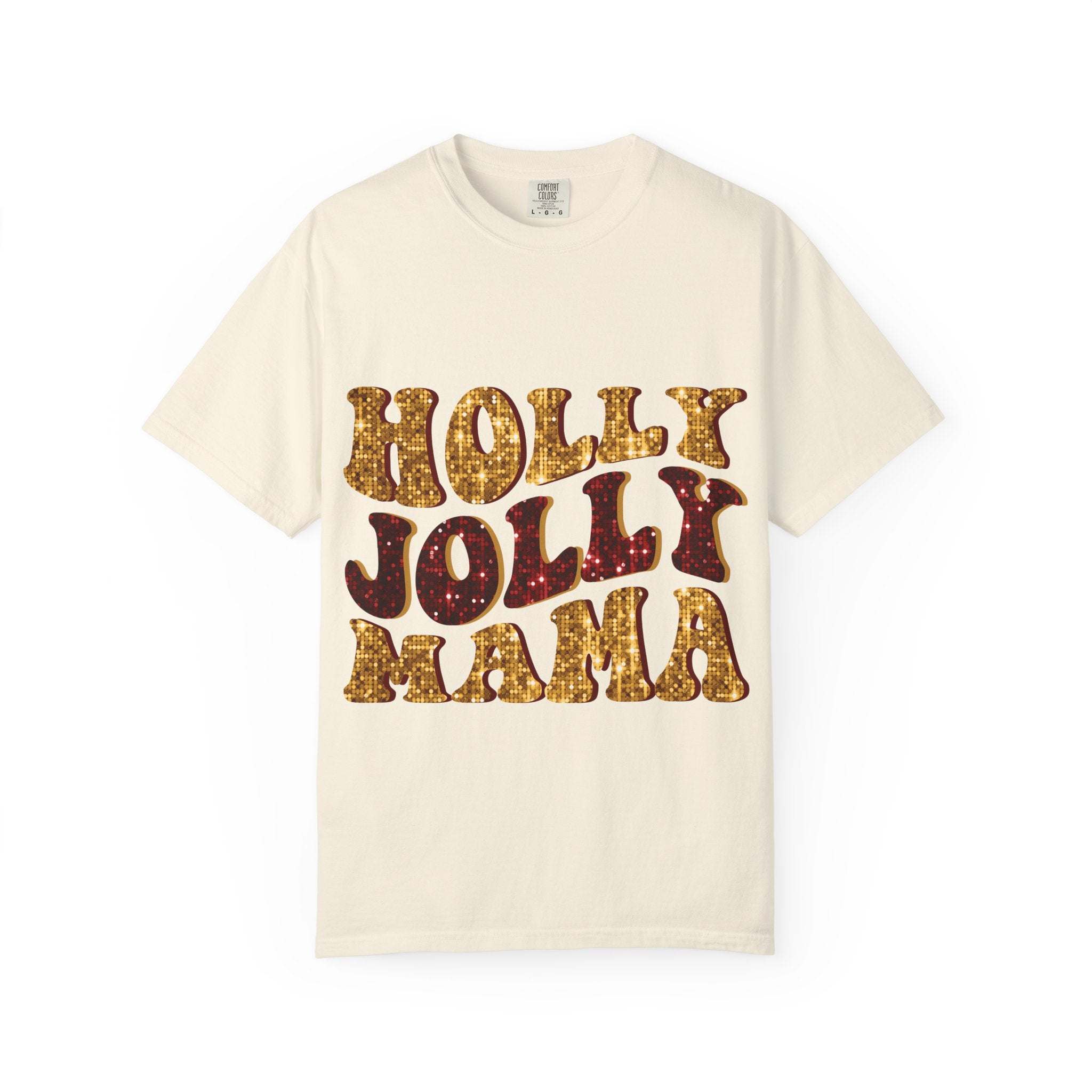 Faux Glitter Holly Jolly Mama festive t-shirt in cream with glittery text design