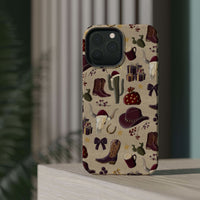 Cowboy Christmas design phone case for iPhone 17 in glossy finish by Printify, featuring festive colors and patterns.