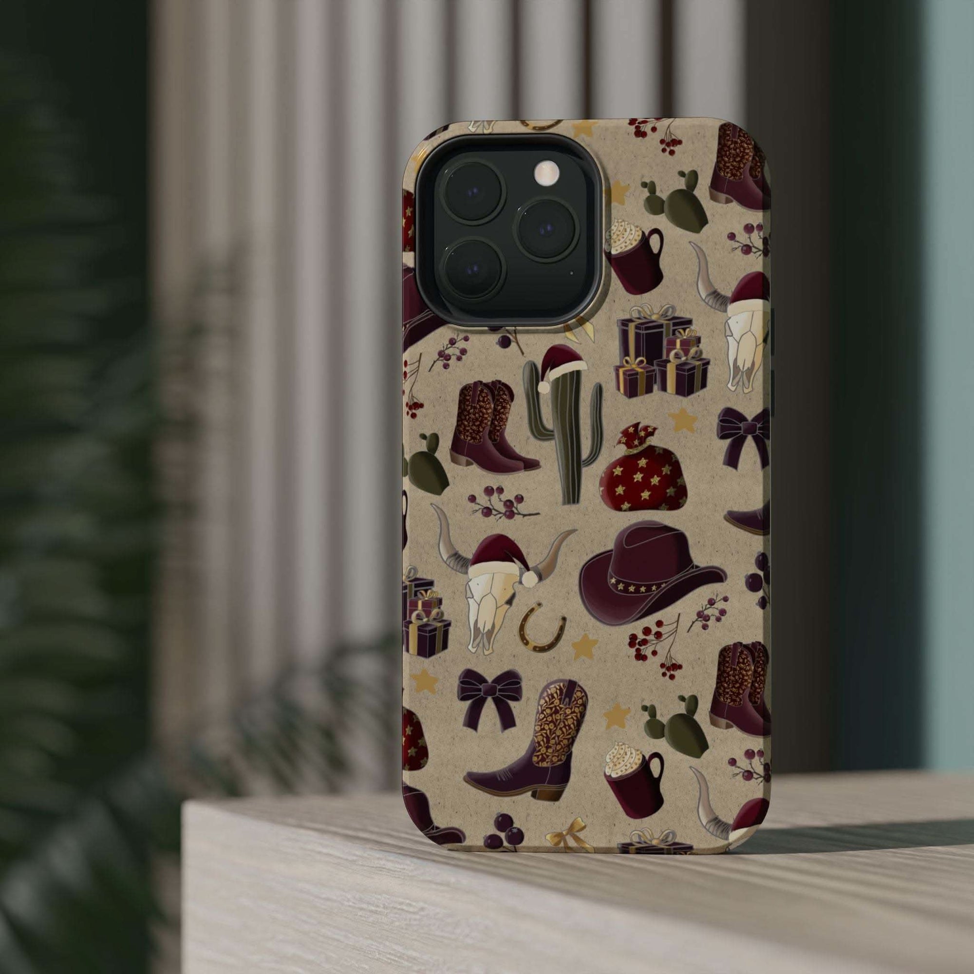Cowboy Christmas design phone case for iPhone 17 in glossy finish by Printify, featuring festive colors and patterns.