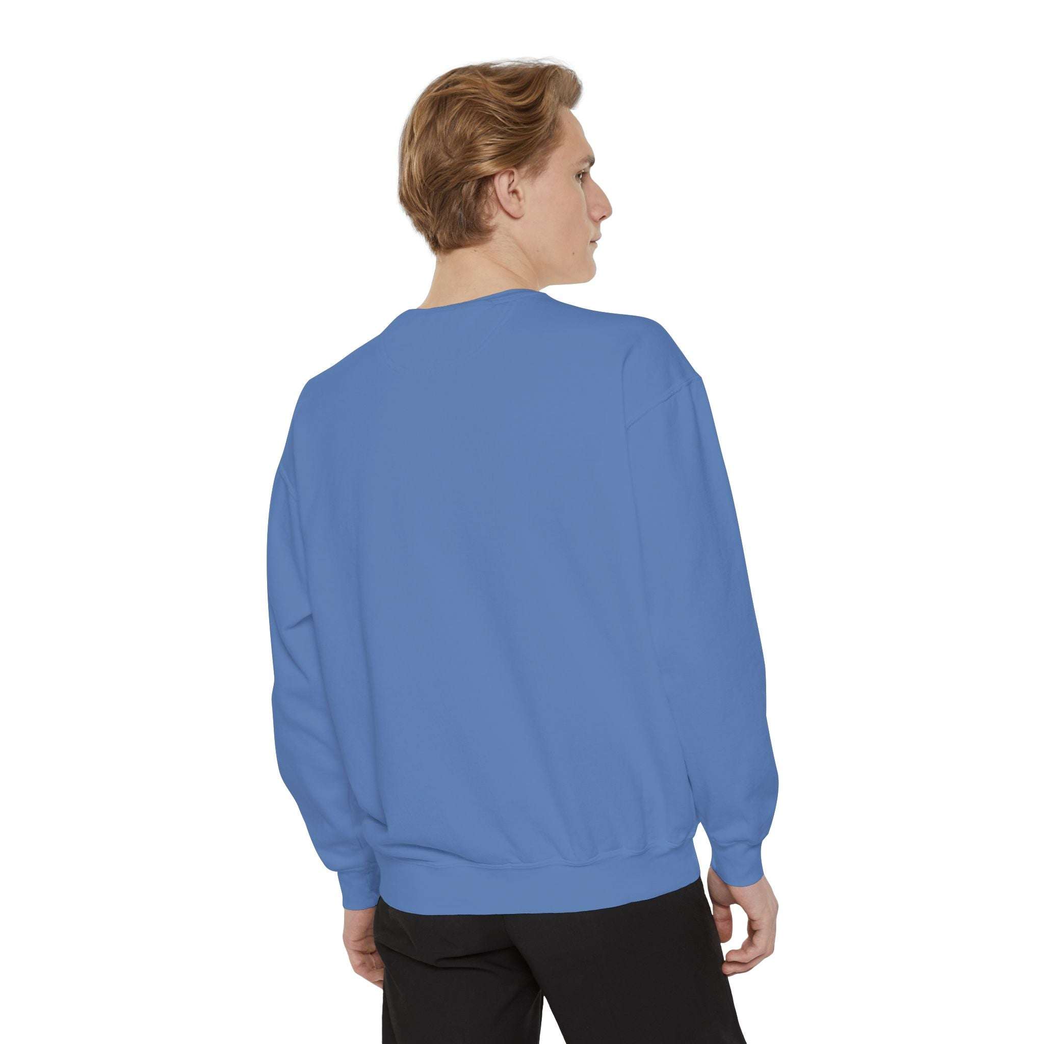 Unisex blue garment-dyed sweatshirt Rocking Santa World Tour with relaxed fit and ribbed cuffs back view