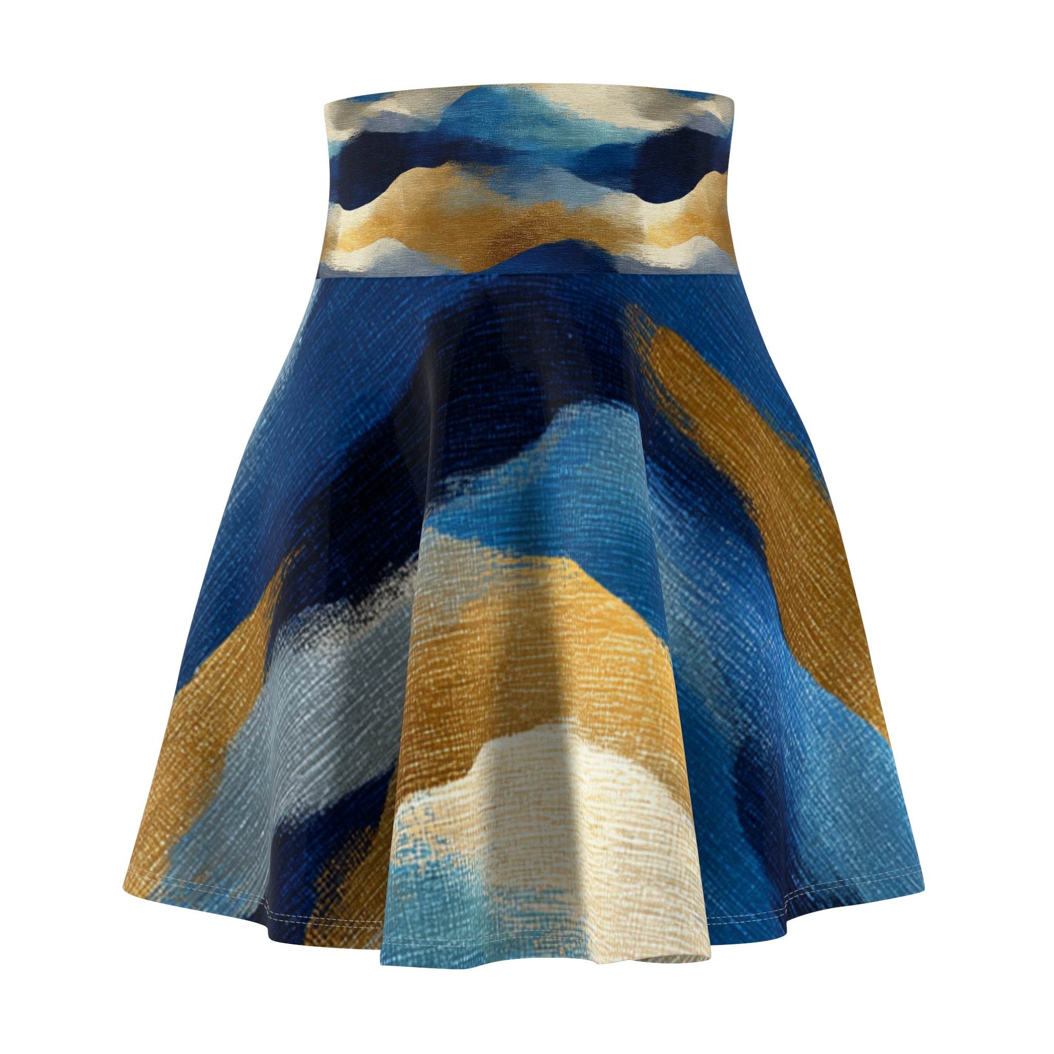 Blue gold abstract wave skater skirt with artistic brushstroke pattern and high-rise waistband