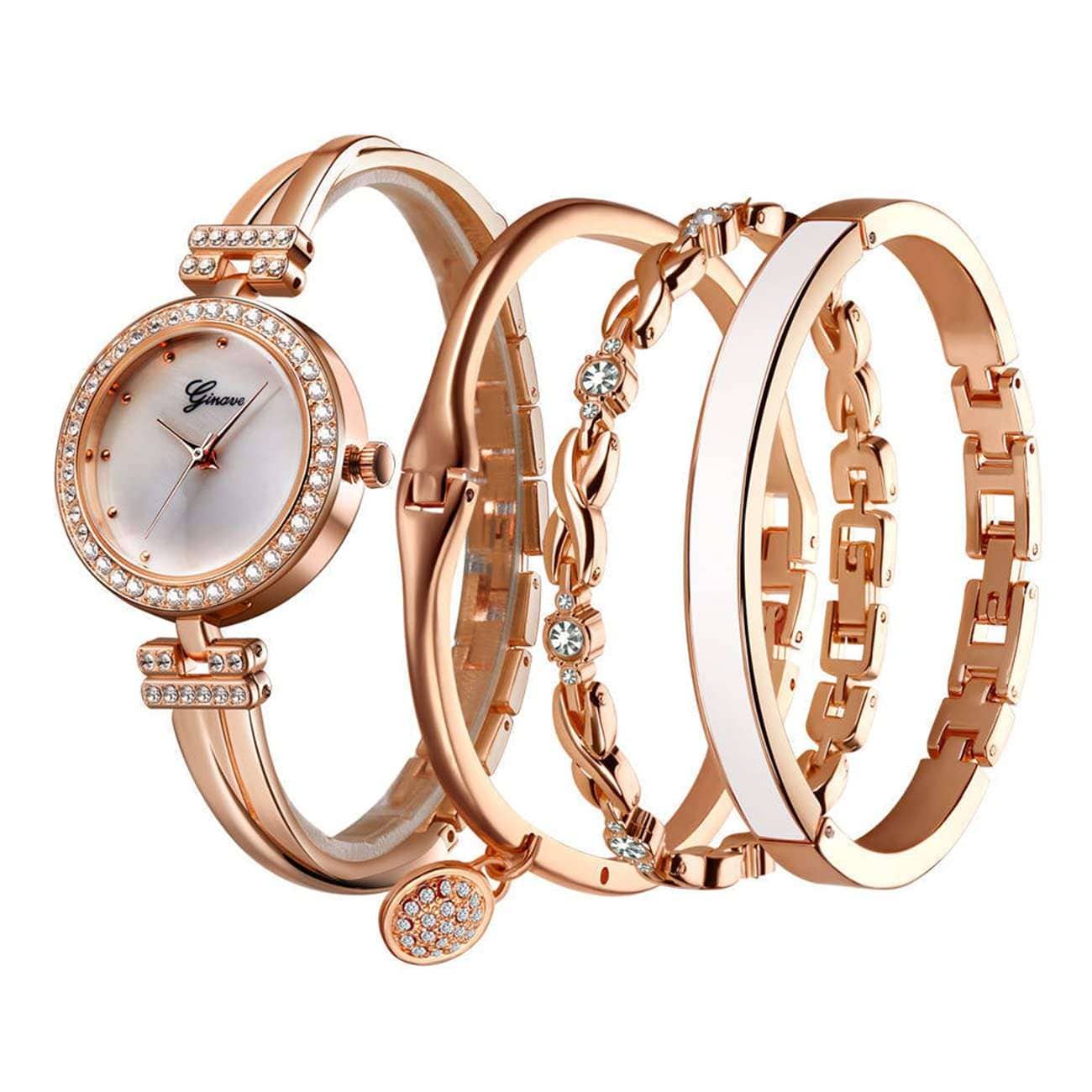 Luxe diamond dial watch and three matching bracelets set in silver, rose gold black, and rose gold white colors