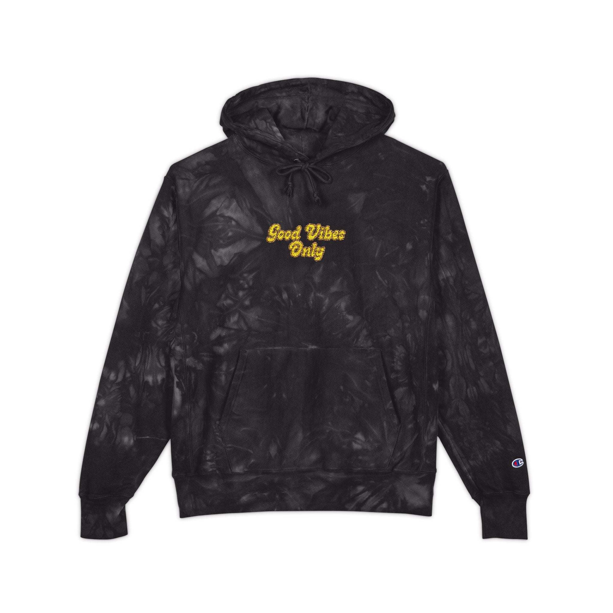 Mulled Berry tie-dye hoodie with 'Good Vibes Only' embroidery by Printify