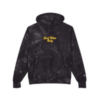 Mulled Berry tie-dye hoodie with 'Good Vibes Only' embroidery by Printify