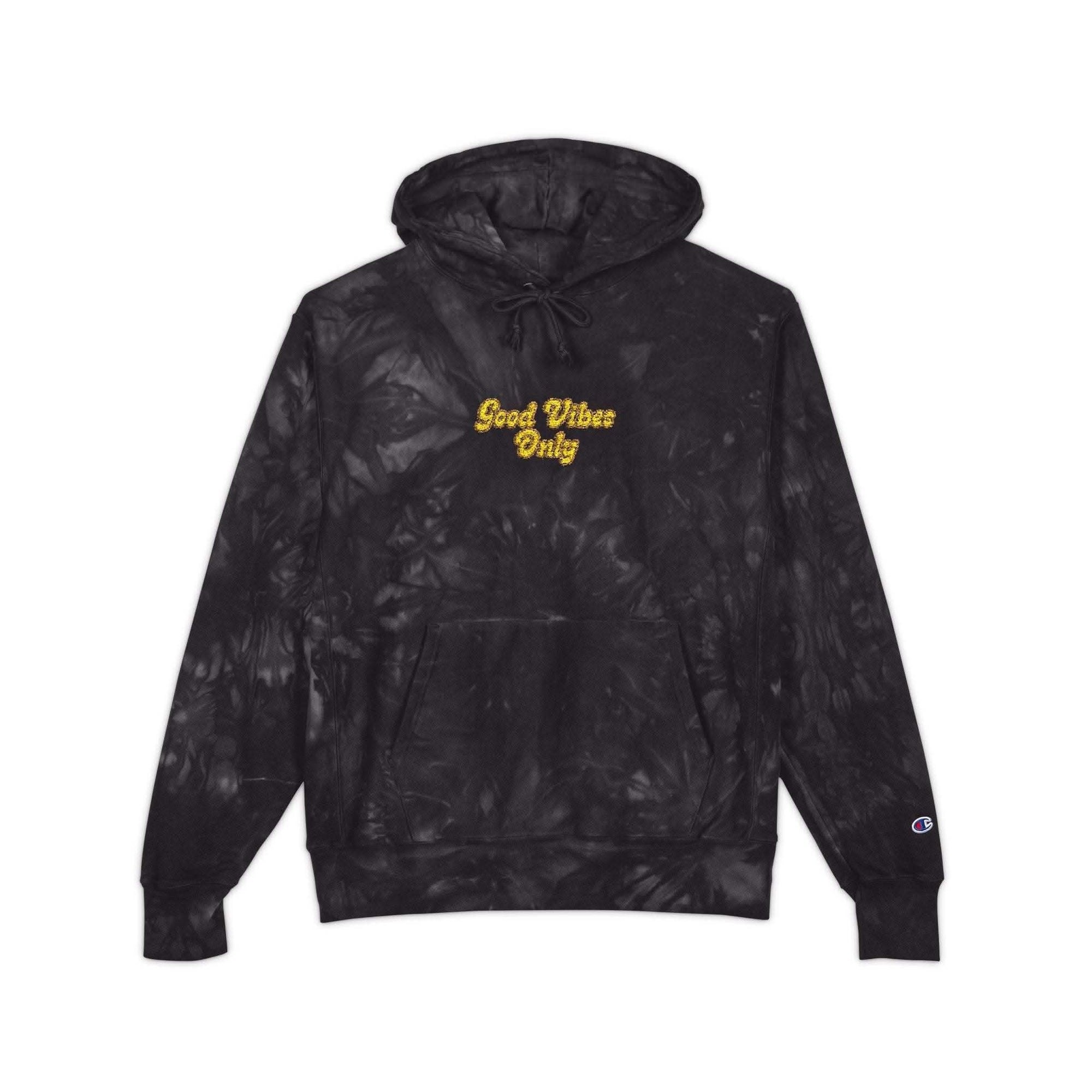 Mulled Berry tie-dye hoodie with 'Good Vibes Only' embroidery by Printify