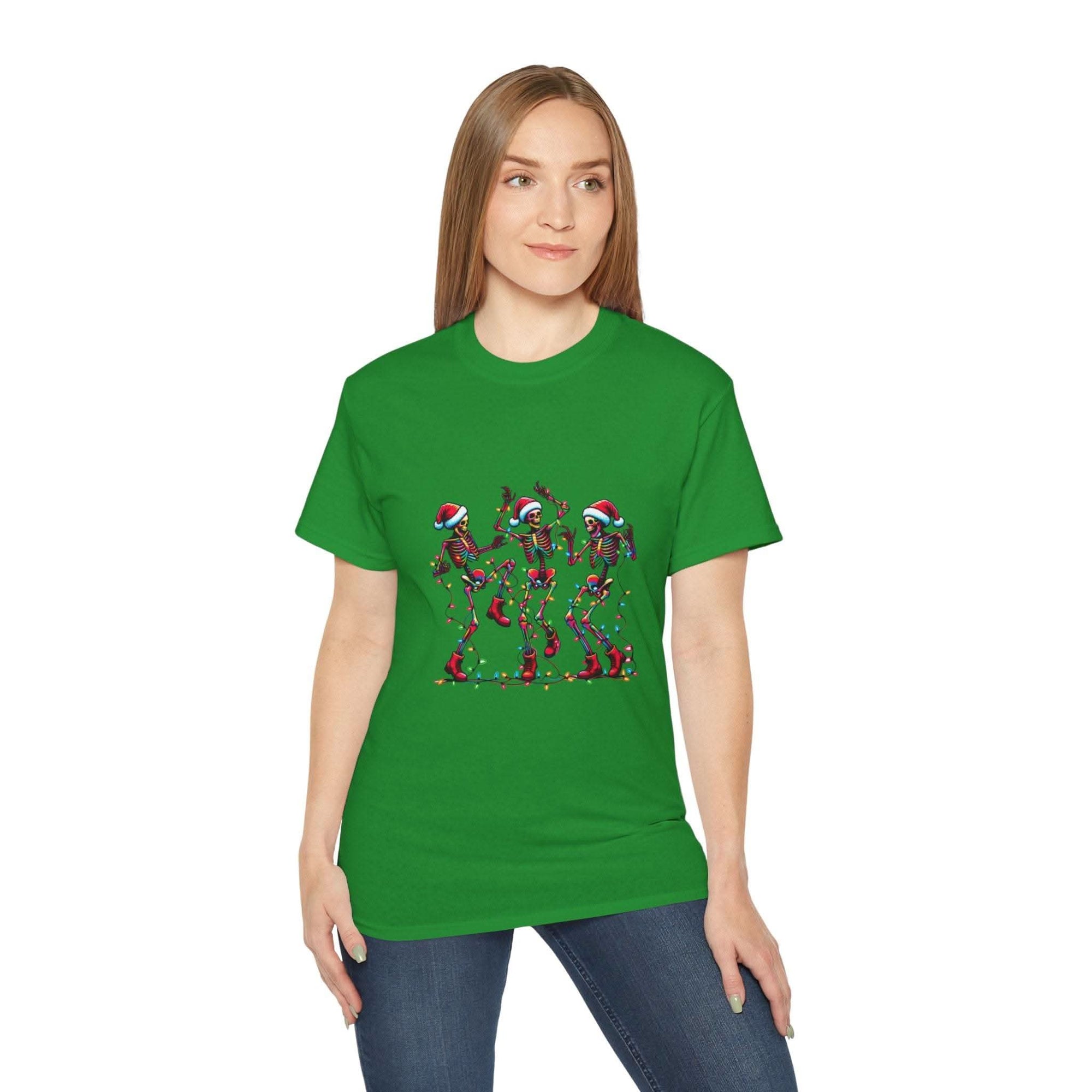White Christmas Dancing Skeletons t-shirt by Printify, festive design perfect for holiday celebrations