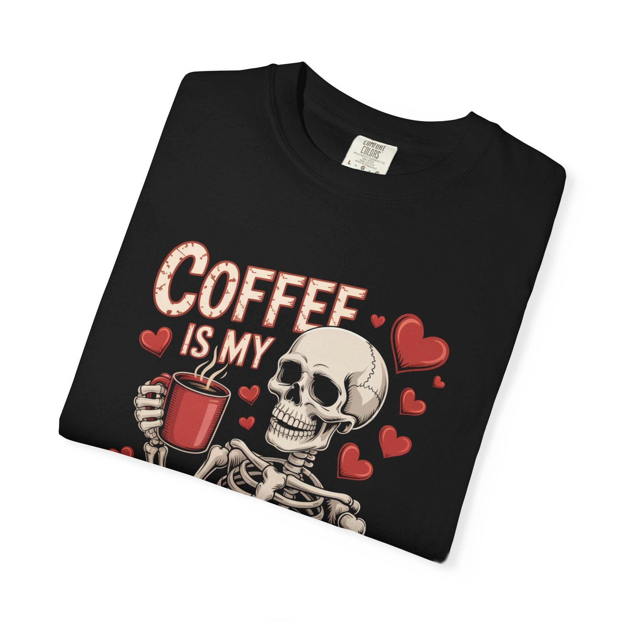 Coffee Is My Valentine skeleton graphic on vintage-washed tee with relaxed fit