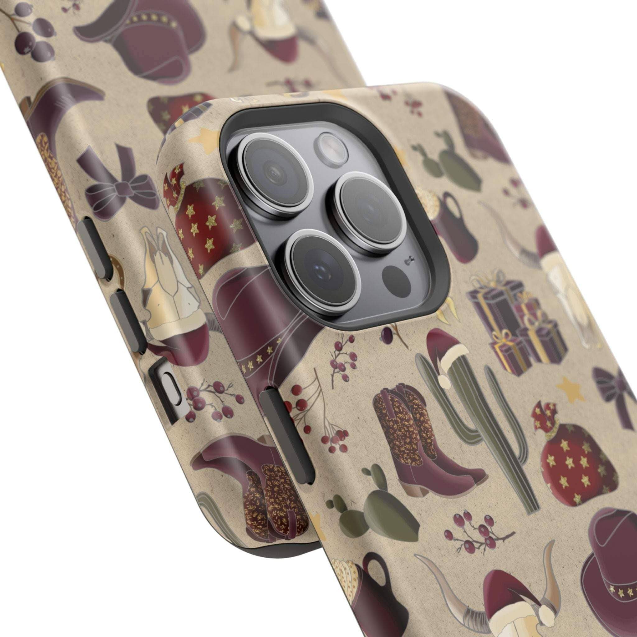 Cowboy Christmas design phone case for iPhone 17 in glossy finish by Printify, featuring festive colors and patterns.