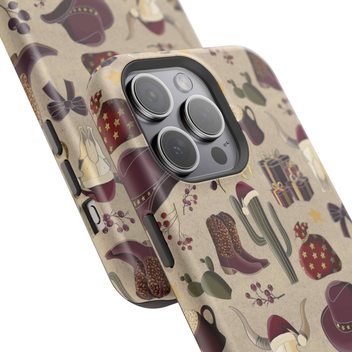 Cowboy Christmas design phone case for iPhone 17 in glossy finish by Printify, featuring festive colors and patterns.