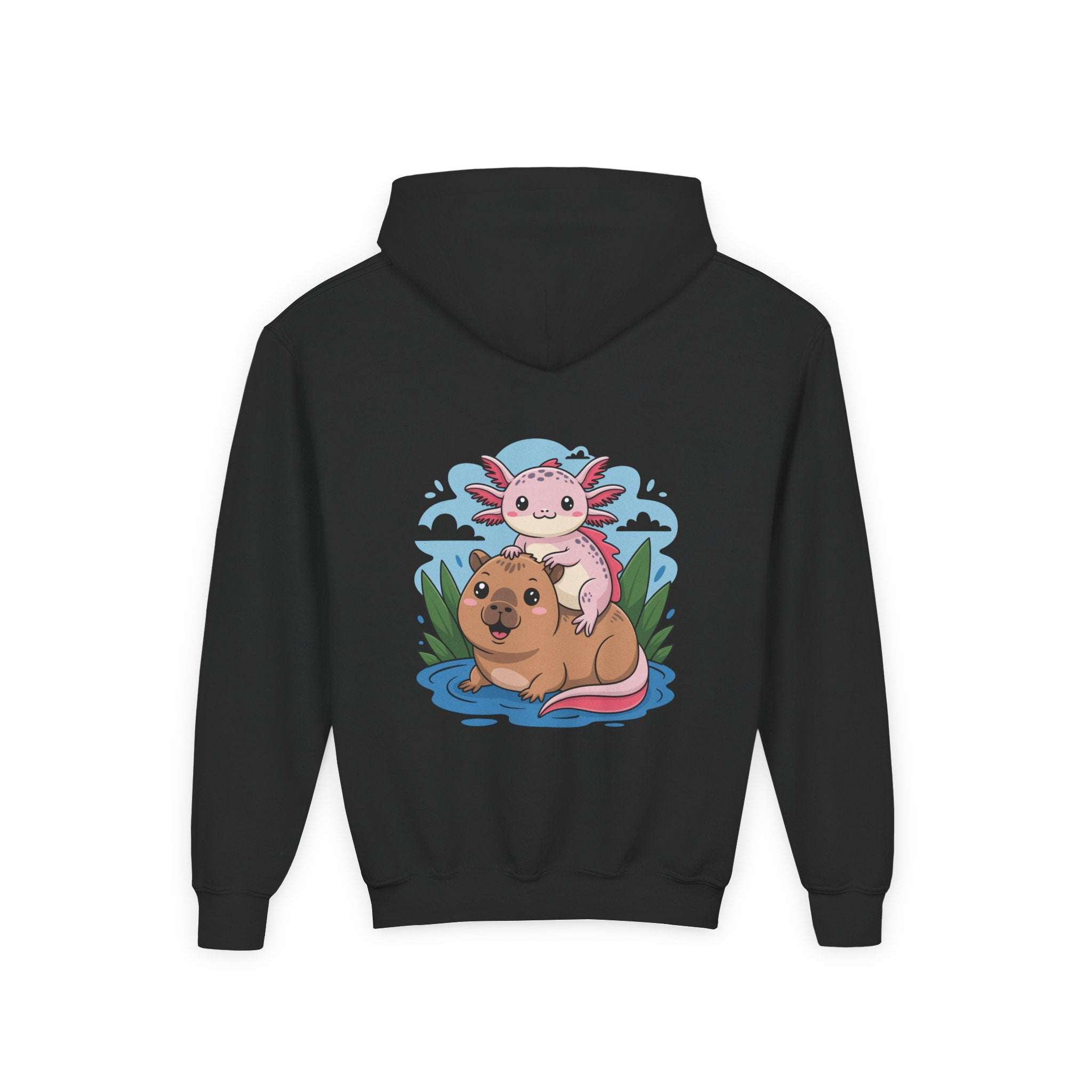 Youth hoodie with axolotl and capybara design in soft cotton-poly blend