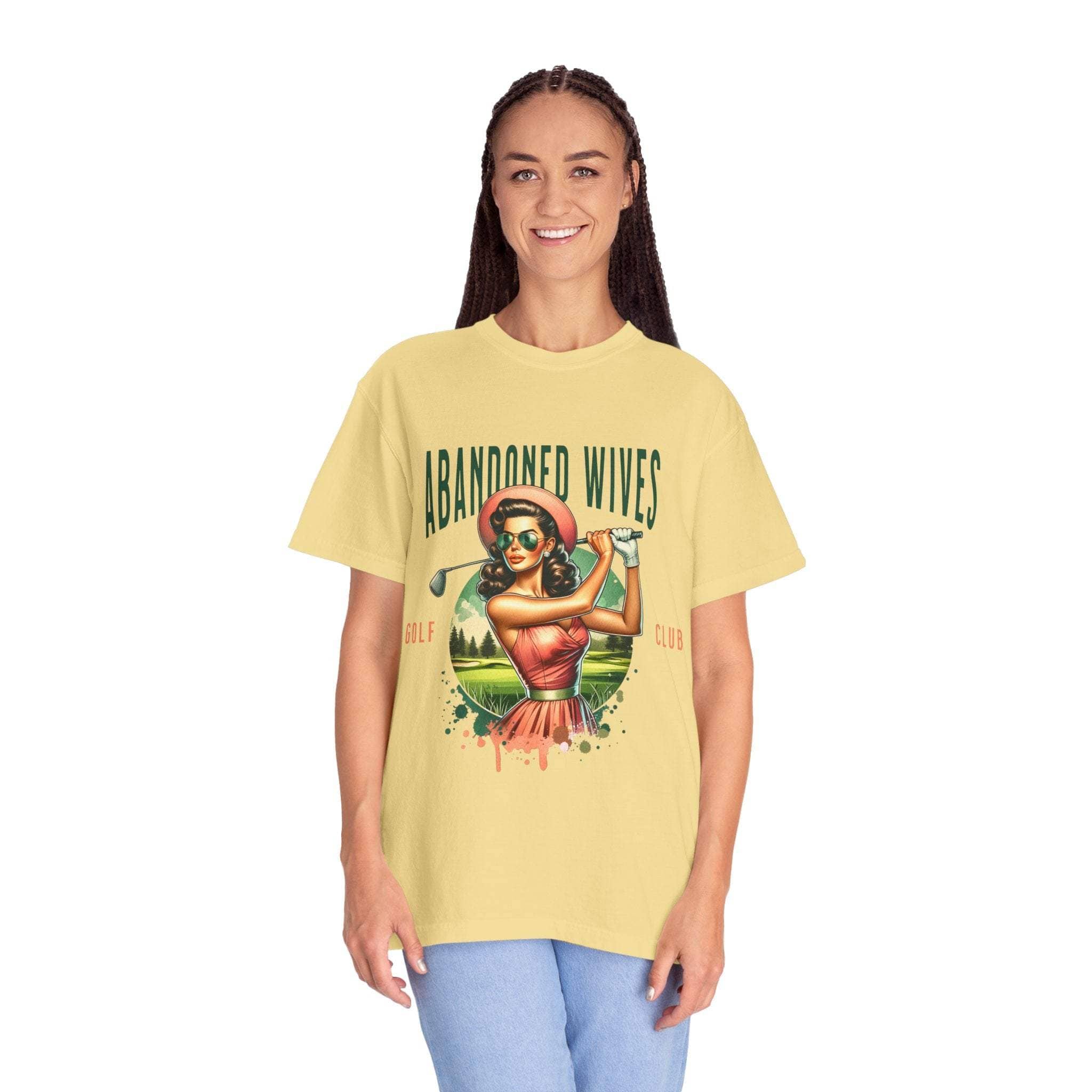 Vintage unisex t-shirt with Abandoned Wives Golf Club retro graphic design, made of soft cotton, casual and humorous golf apparel