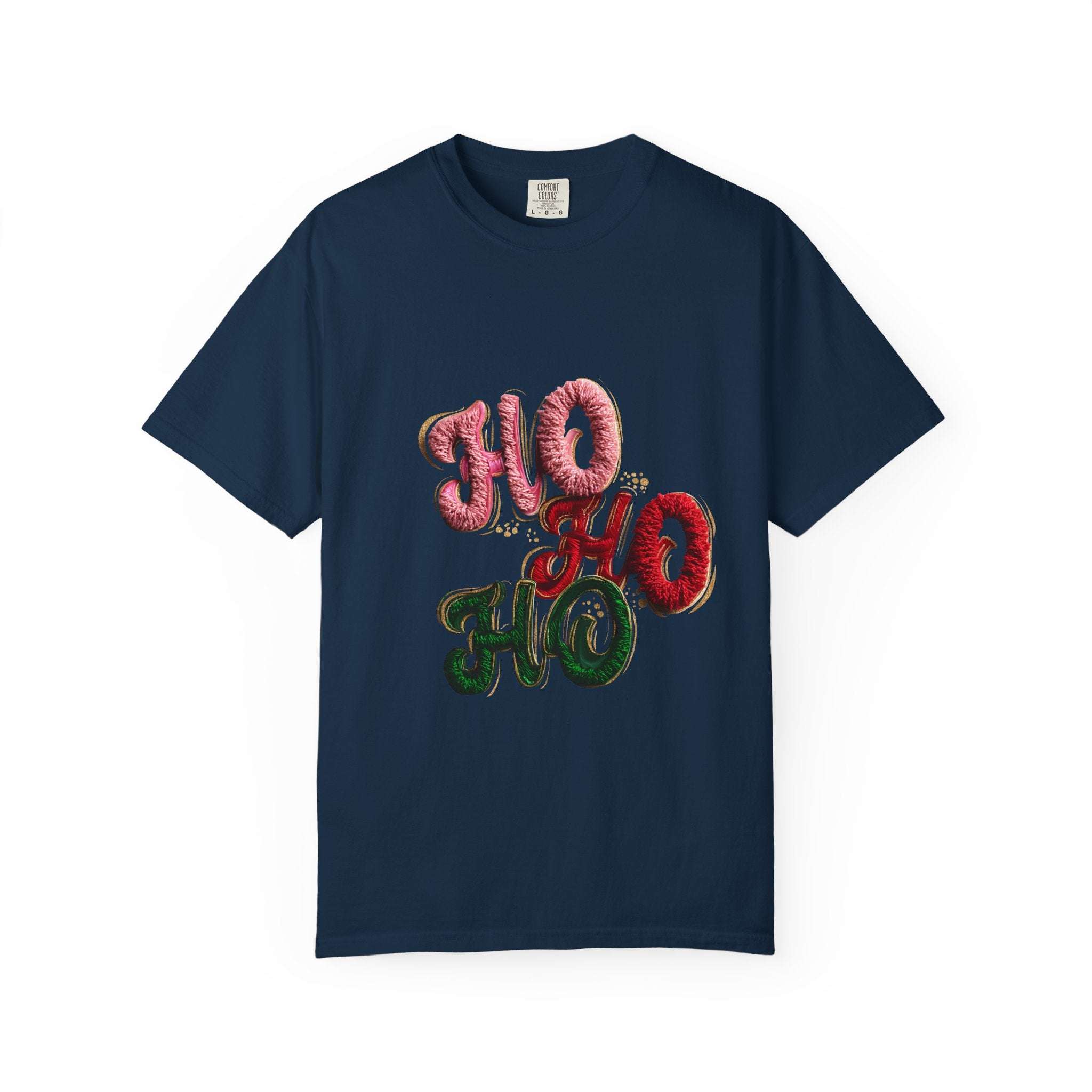 White Christmas graphic tee featuring faux puffy crochet 'Ho, Ho, Ho' design by Printify