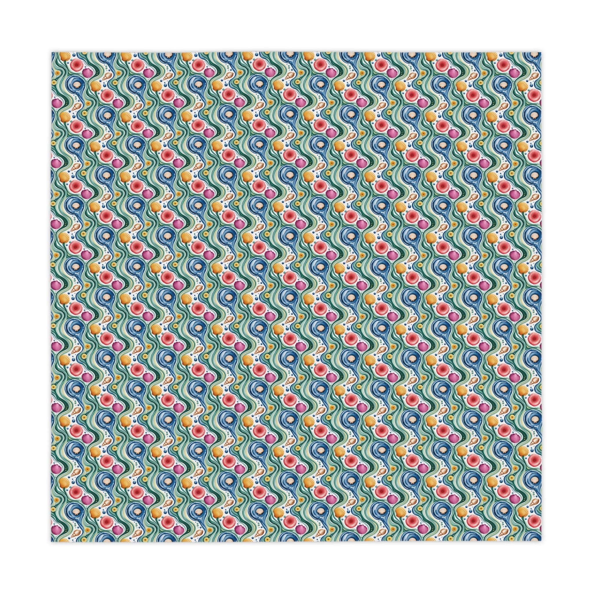Colorful Tablecloth Coastal Shells with vibrant sea shell pattern and wavy blue lines, 55x55 inches, polyester fabric