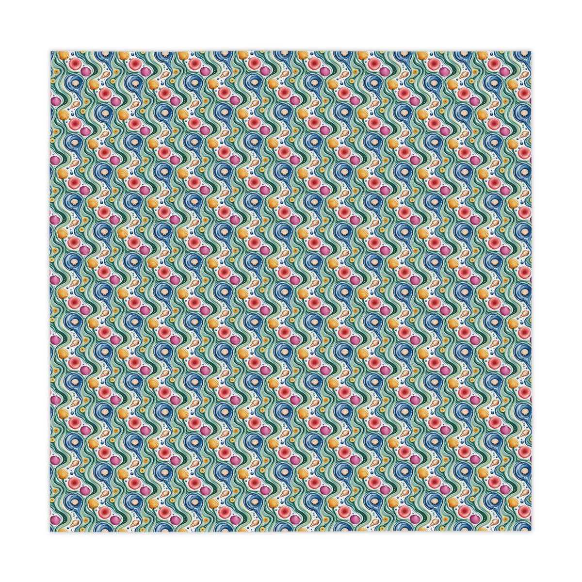 Colorful Tablecloth Coastal Shells with vibrant sea shell pattern and wavy blue lines, 55x55 inches, polyester fabric