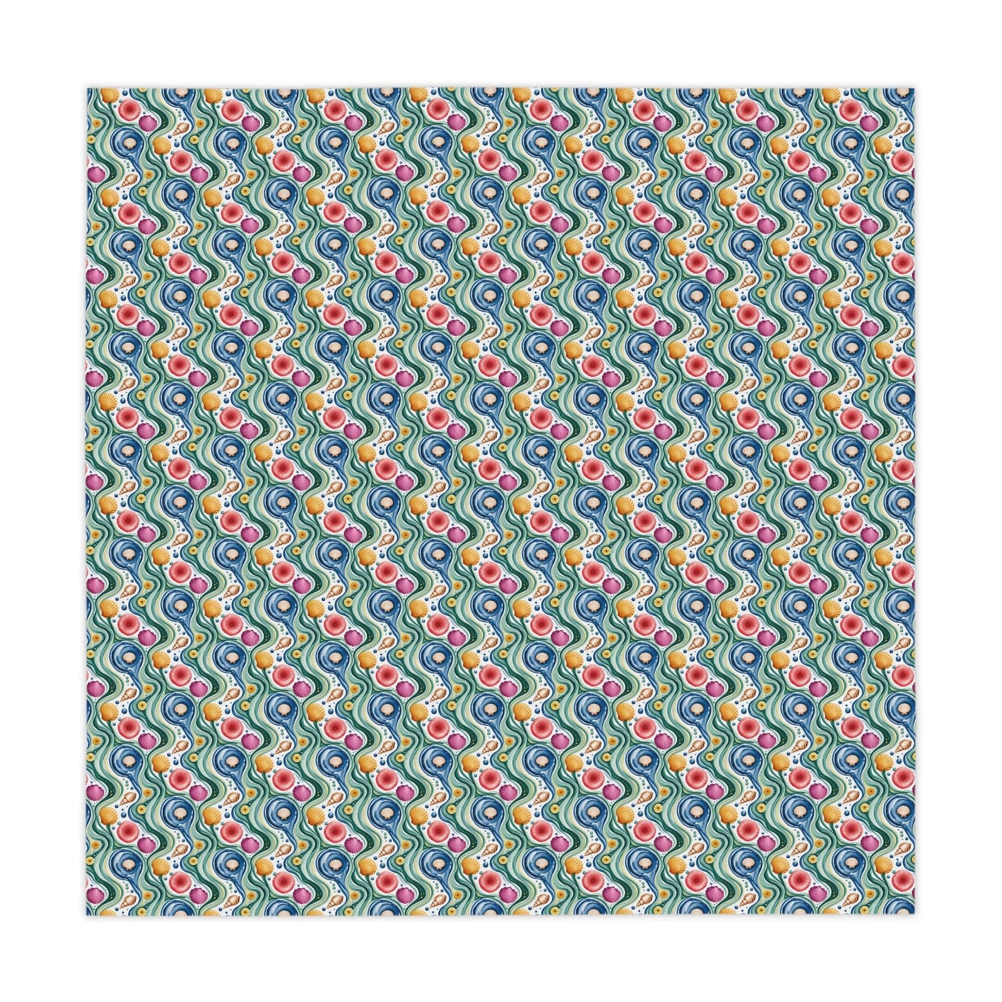 Colorful Tablecloth Coastal Shells with vibrant sea shell pattern and wavy blue lines, 55x55 inches, polyester fabric