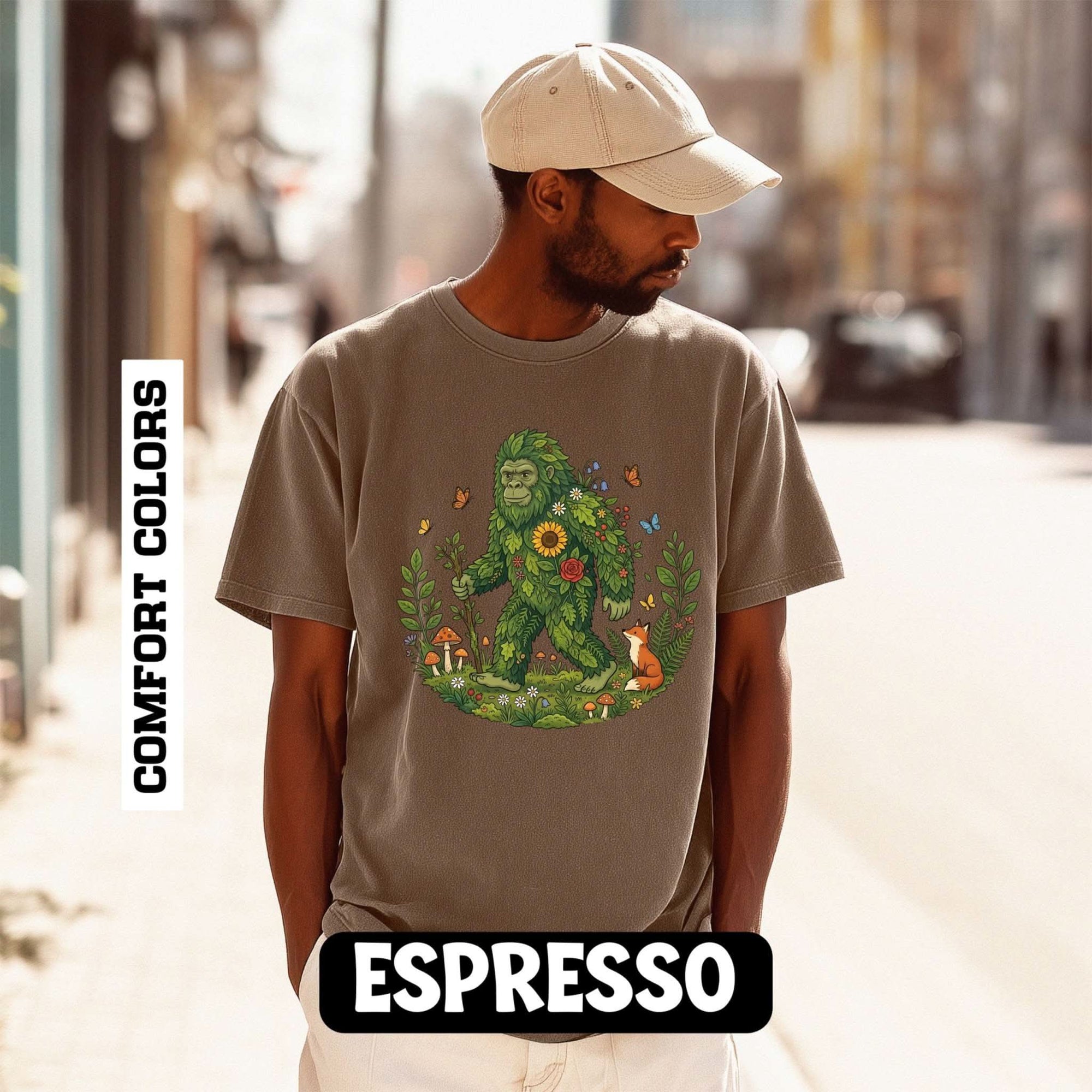 Forest Sasquatch illustration t-shirt with floral Bigfoot and fox in woodland circle design