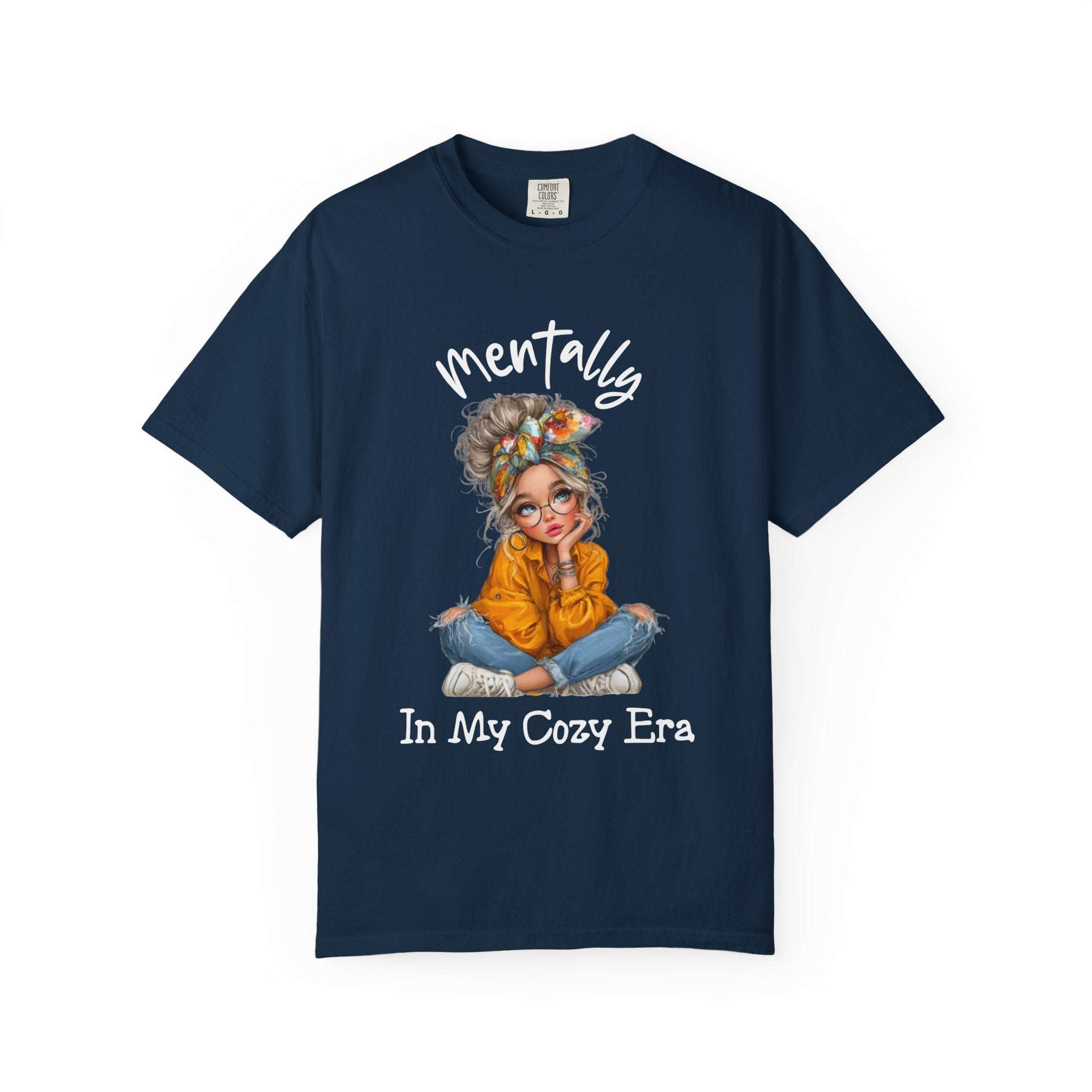 Navy Mentally in My Cozy Era T-shirt with relaxed fit and graphic of a girl sitting cross-legged in casual clothes