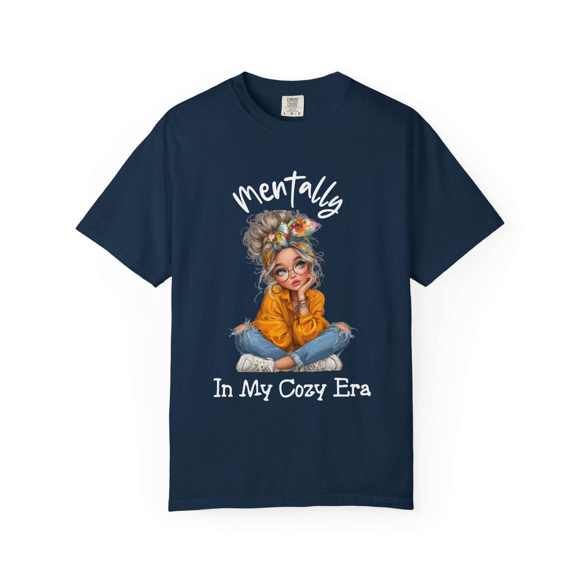 Navy Mentally in My Cozy Era T-shirt with relaxed fit and graphic of a girl sitting cross-legged in casual clothes