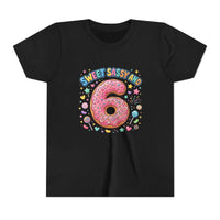 Sweet Sassy and 6 birthday tee with pink donut number six and colorful sprinkles on soft cotton