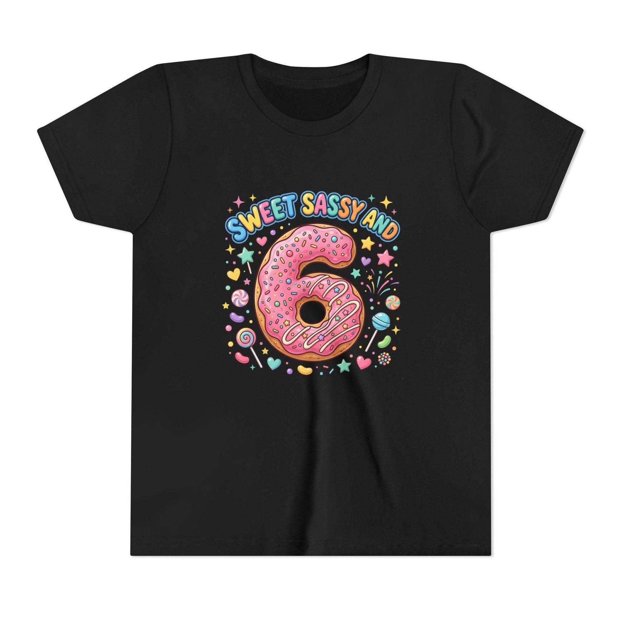 Sweet Sassy and 6 birthday tee with pink donut number six and colorful sprinkles on soft cotton