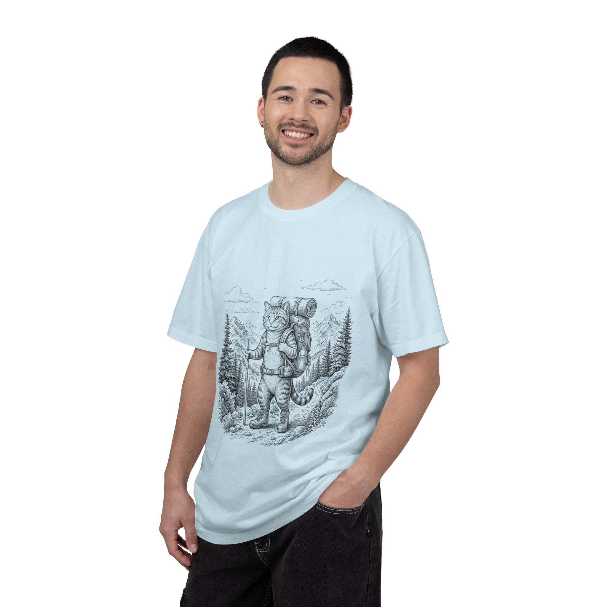 Cat hiker illustration t-shirt with vintage mountain camping design on heavyweight cotton fabric