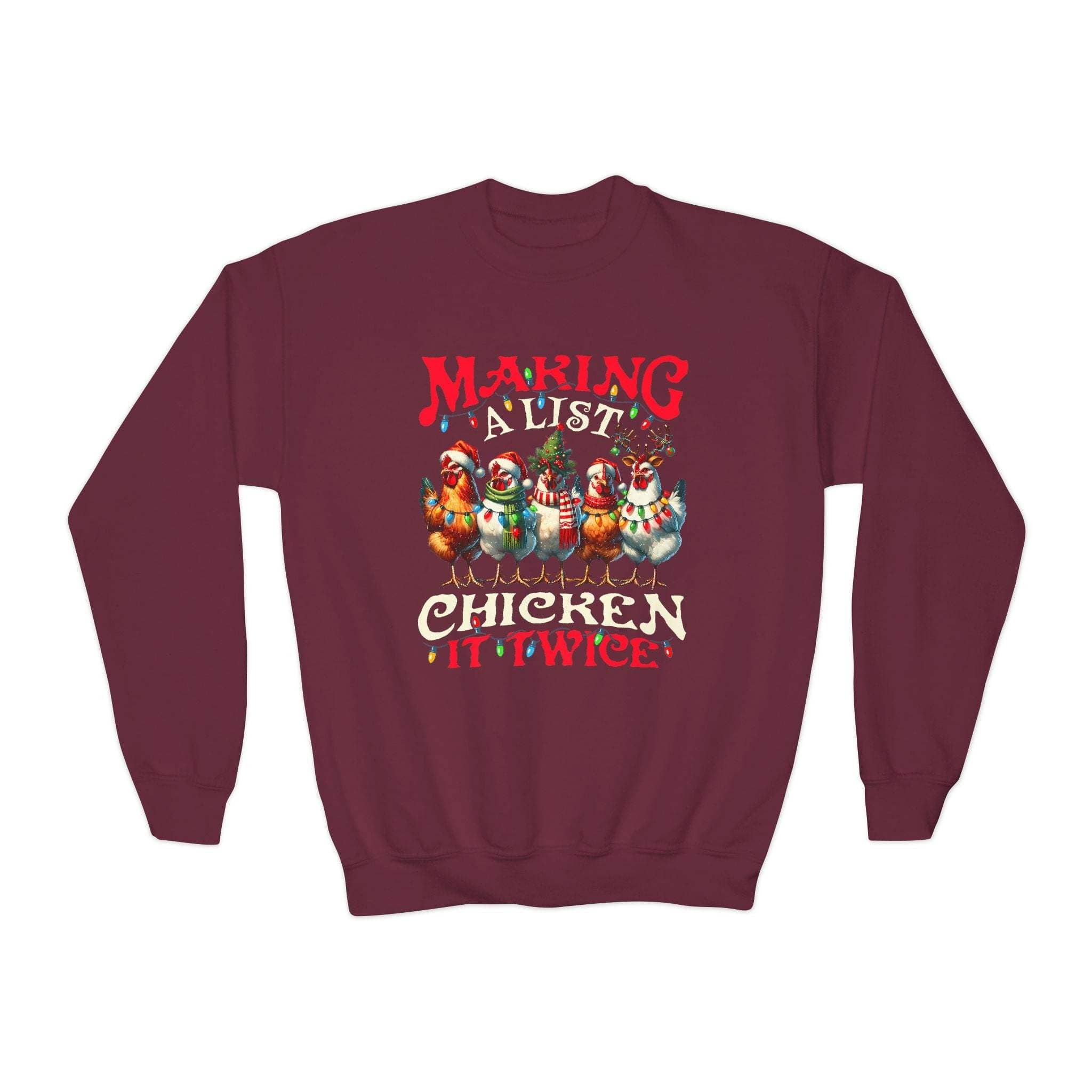 Navy youth crewneck sweatshirt with 'Making a List Chicken it Twice' graphic, perfect for chicken lovers.