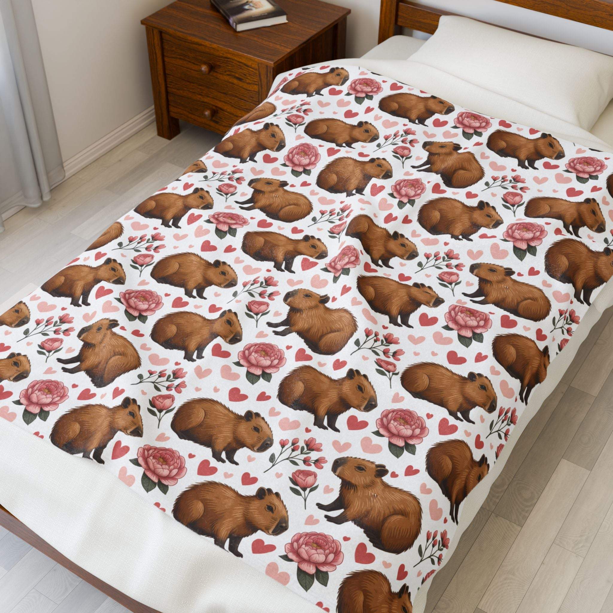 Floral Capybara Valentines plush velveteen blanket with pastel blooms and cozy polyester fabric