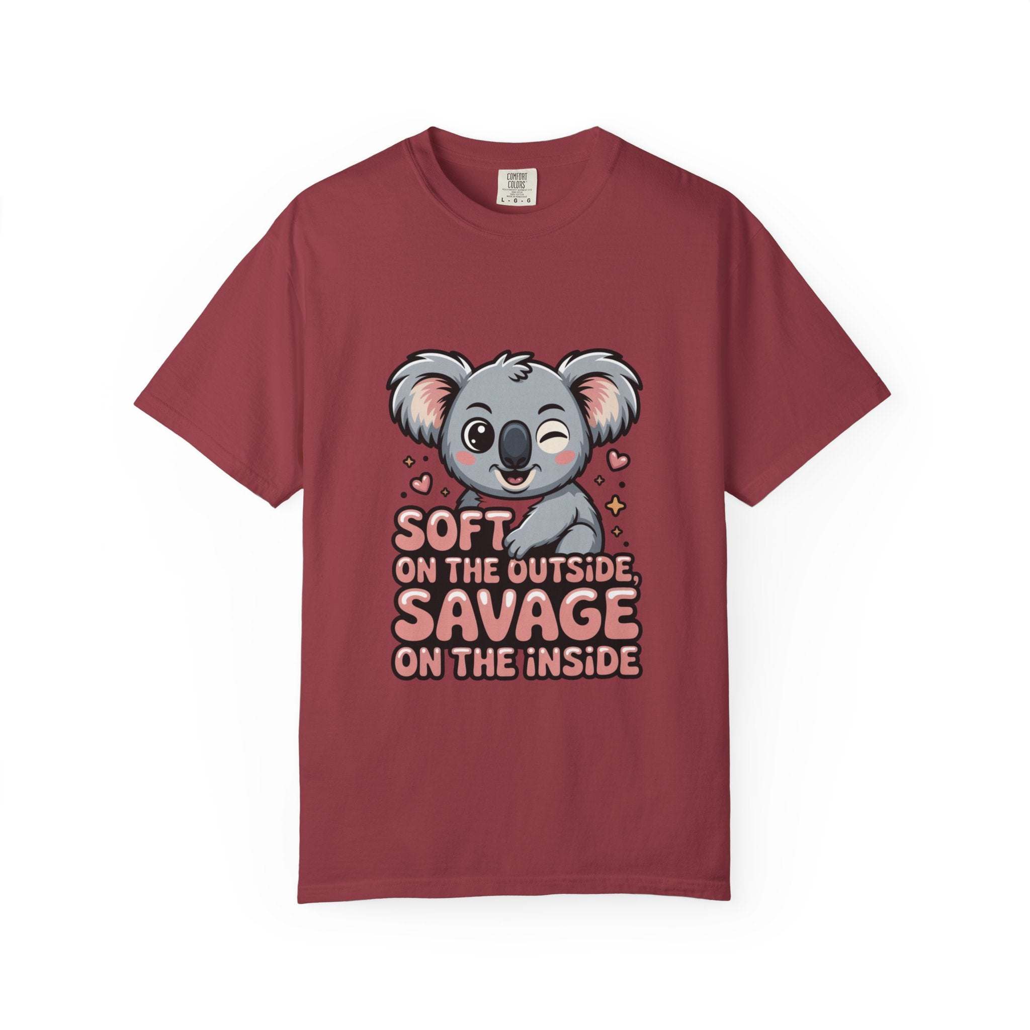 Soft on the Outside Savage on the Inside koala graphic maroon t-shirt with playful design