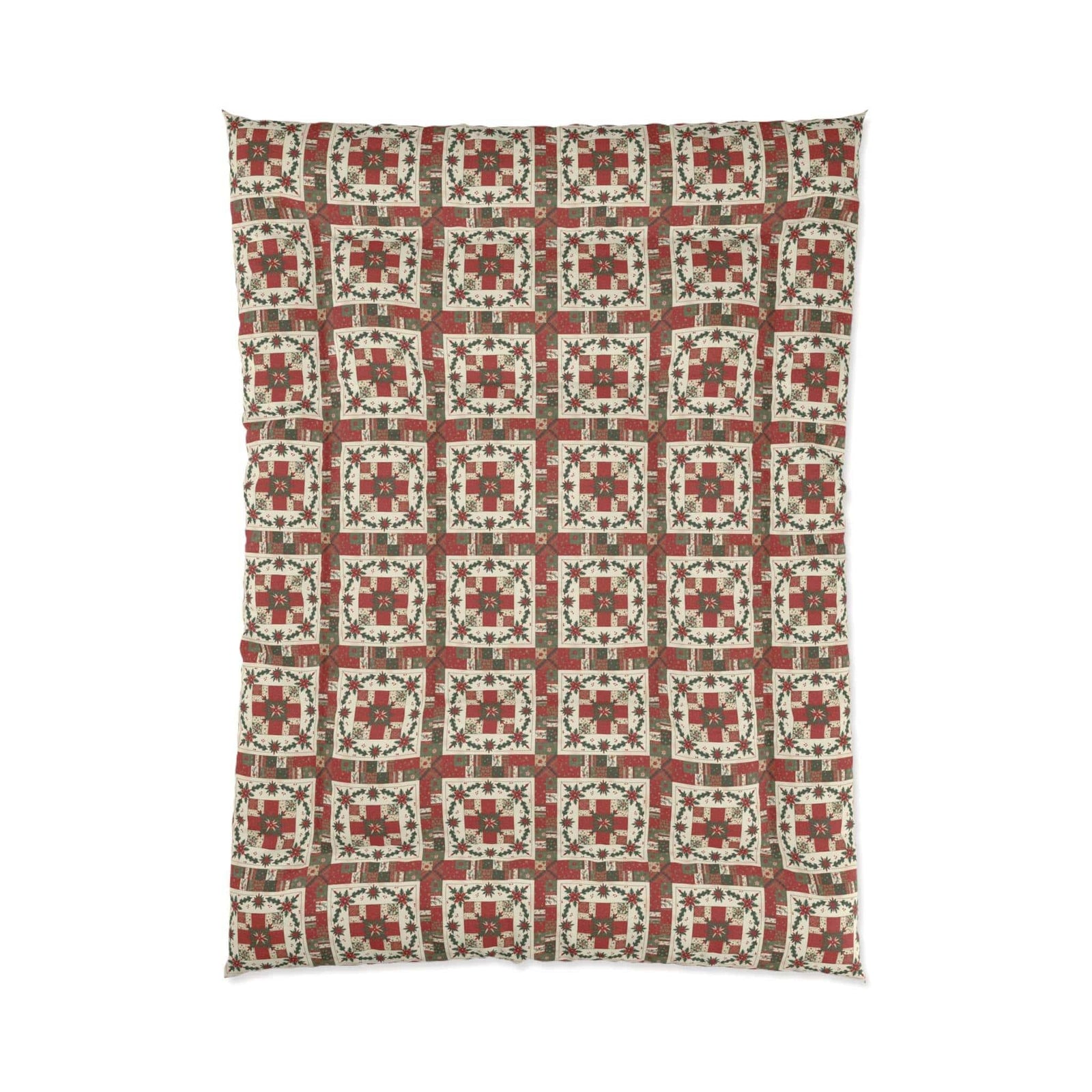 Rustic Patchwork Christmas Comforter with worn plaids and faded reds on cozy holiday bedding