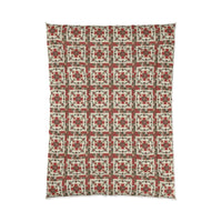 Rustic Patchwork Christmas Comforter with worn plaids and faded reds on cozy holiday bedding