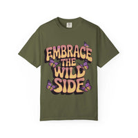 Garment-dyed black t-shirt featuring 'Embrace the Wild Side' print by Printify
