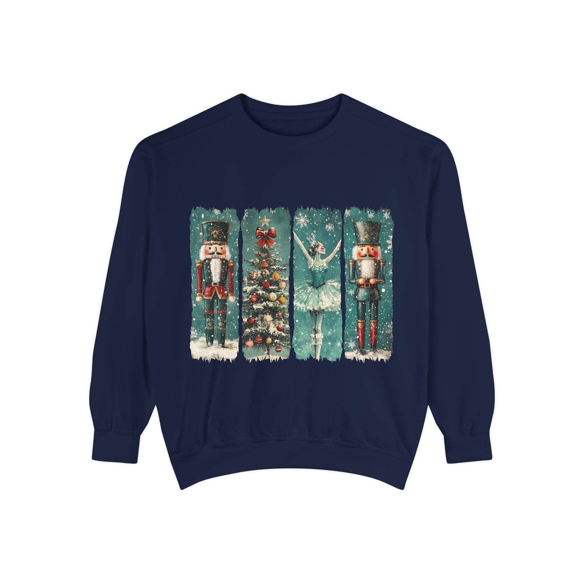 Vintage Christmas Nutcracker sweatshirt with watercolor nutcracker and ballerina design on navy blue fabric