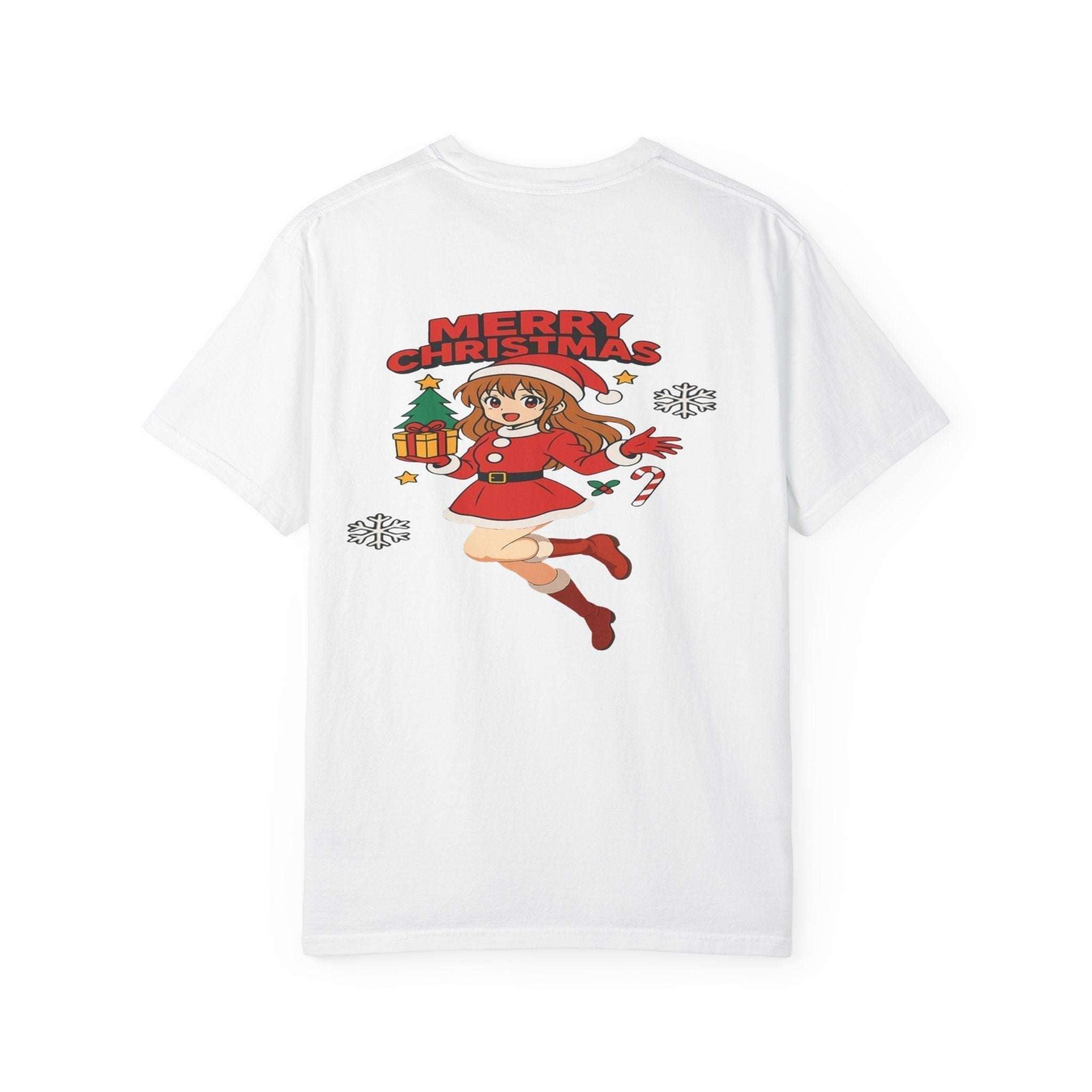 White Anime Christmas Santa T-shirt featuring a cute anime girl in Santa outfit with festive gifts and snowflakes design