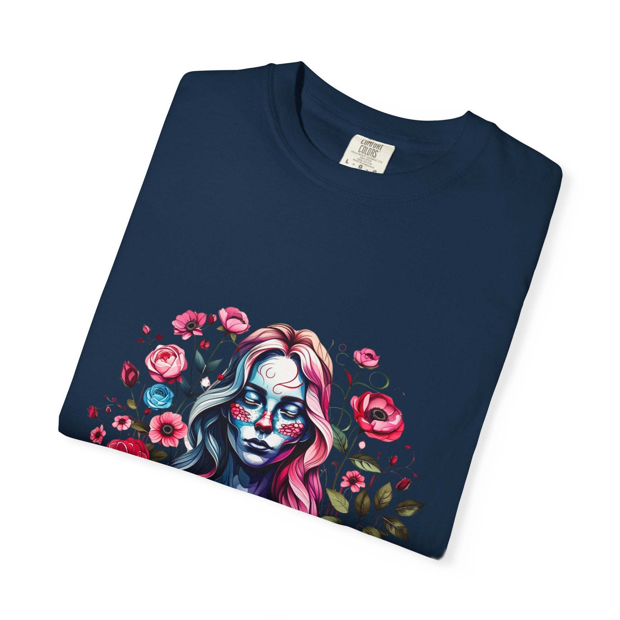 Navy floral skeleton t-shirt with colorful lady skull and flowers, unisex soft cotton tee for Halloween and gothic fashion.
