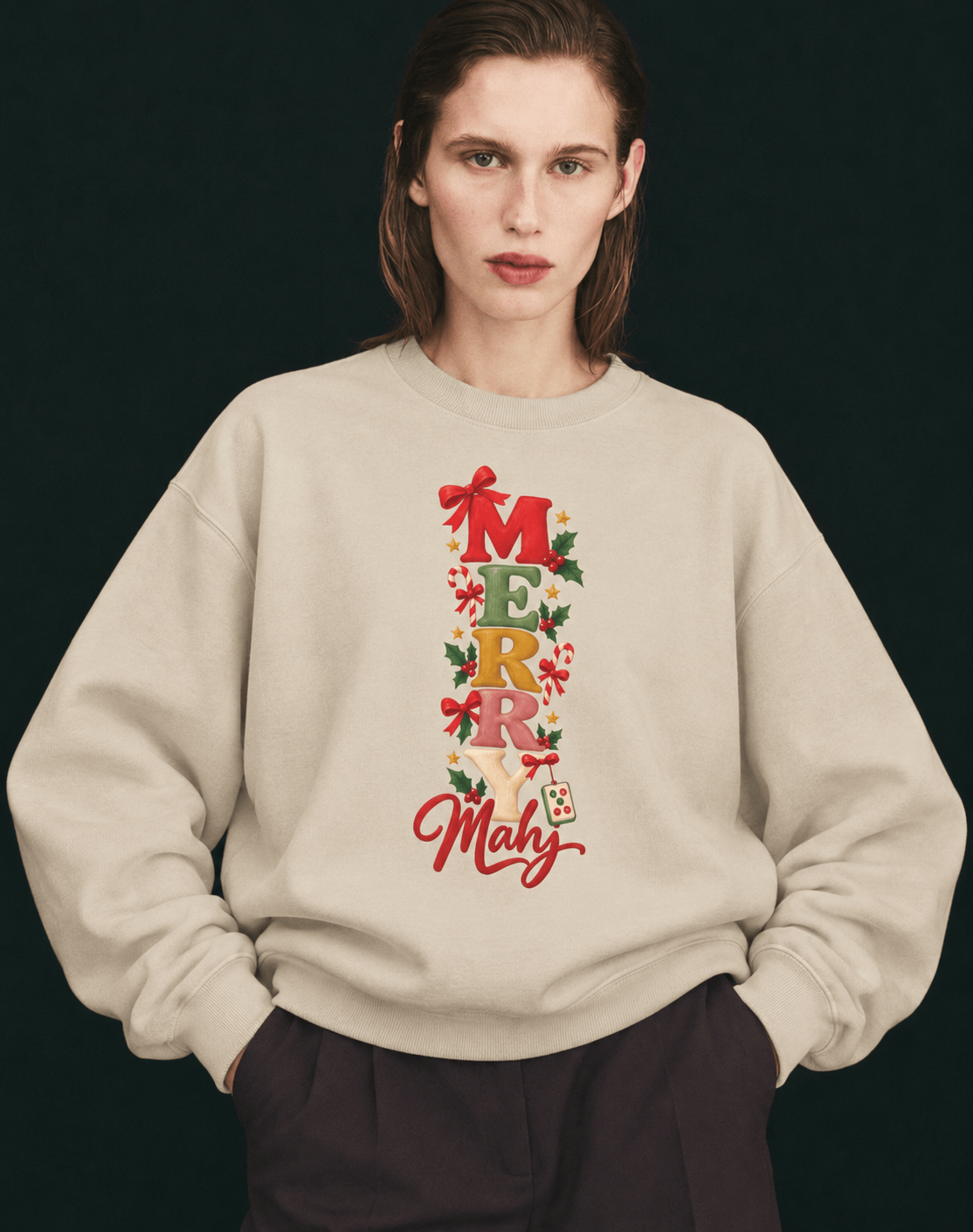 Christmas Mahjong Sweatshirt – Merry Mahj Crewneck in Sand